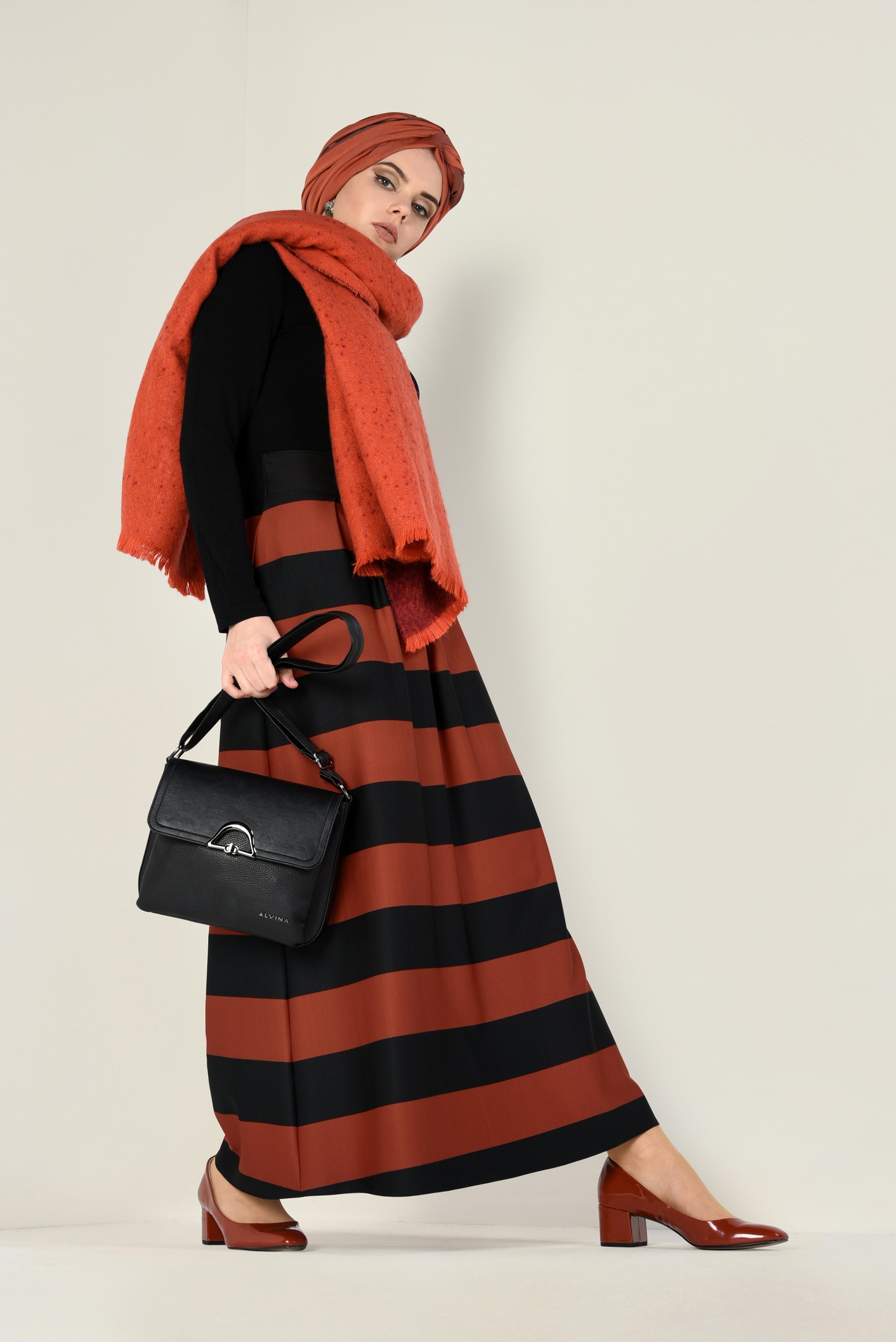 Tesettür giyim TABA ŞERİTLİ ETEK 6785 