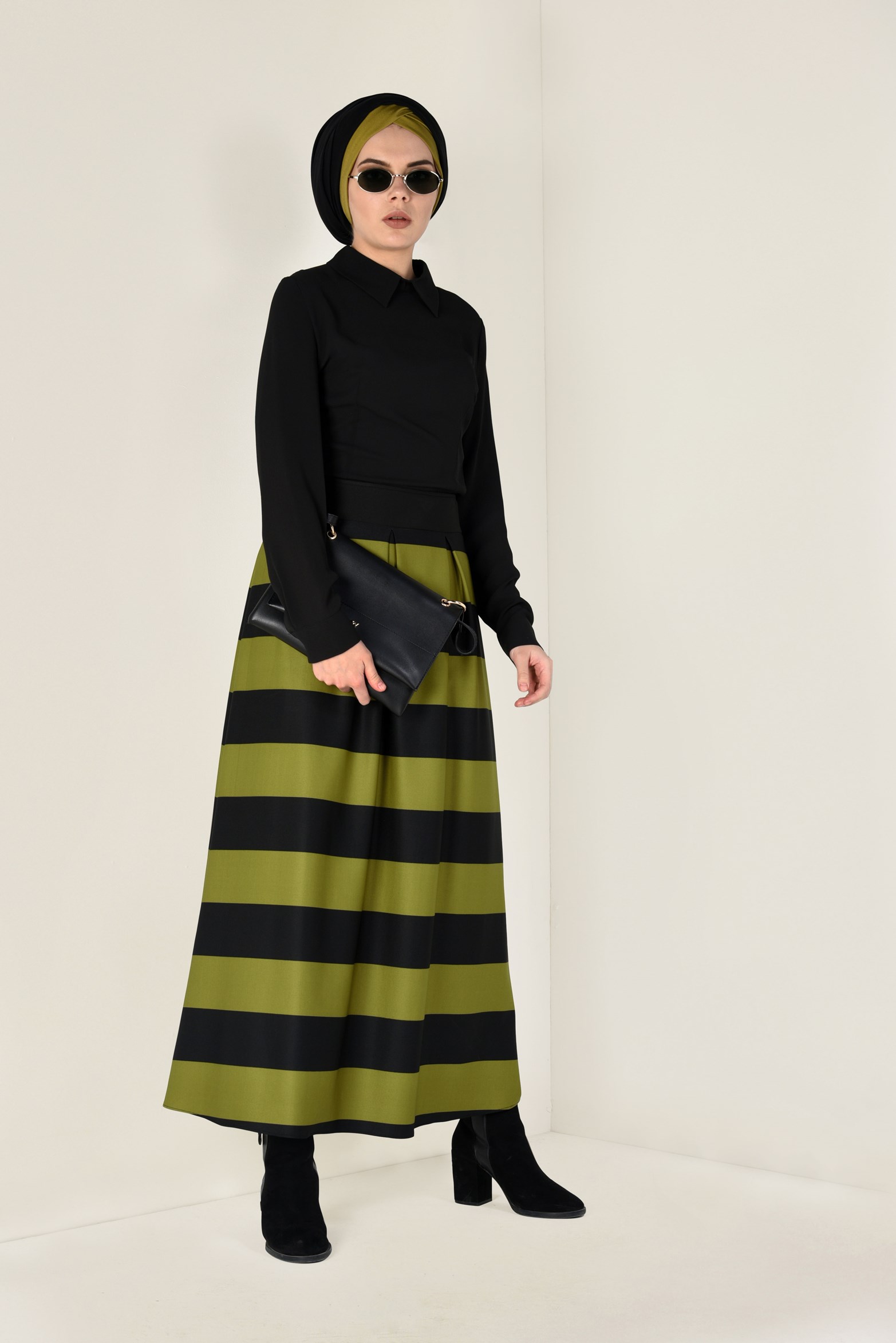 Tesettür giyim YEŞİL ŞERİTLİ ETEK 6785 