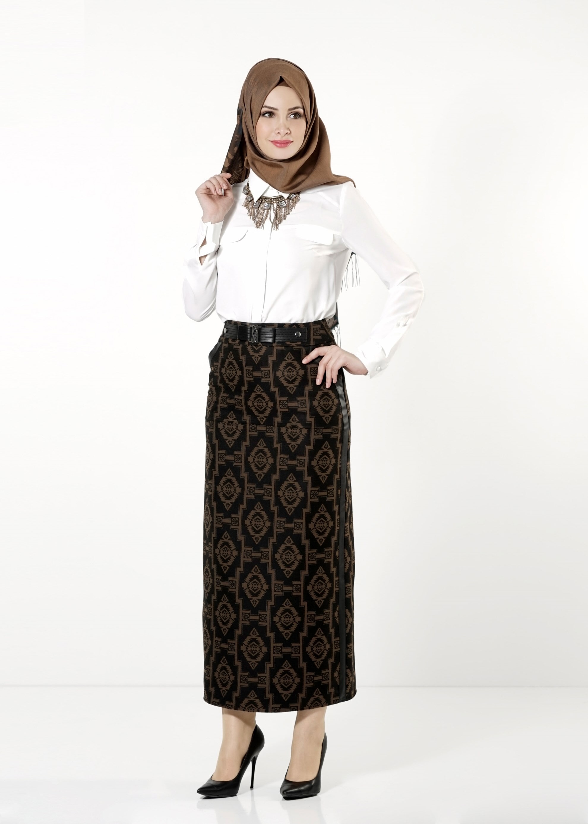 Tesettür giyim KAHVE DESENLİ ETEK 6786 