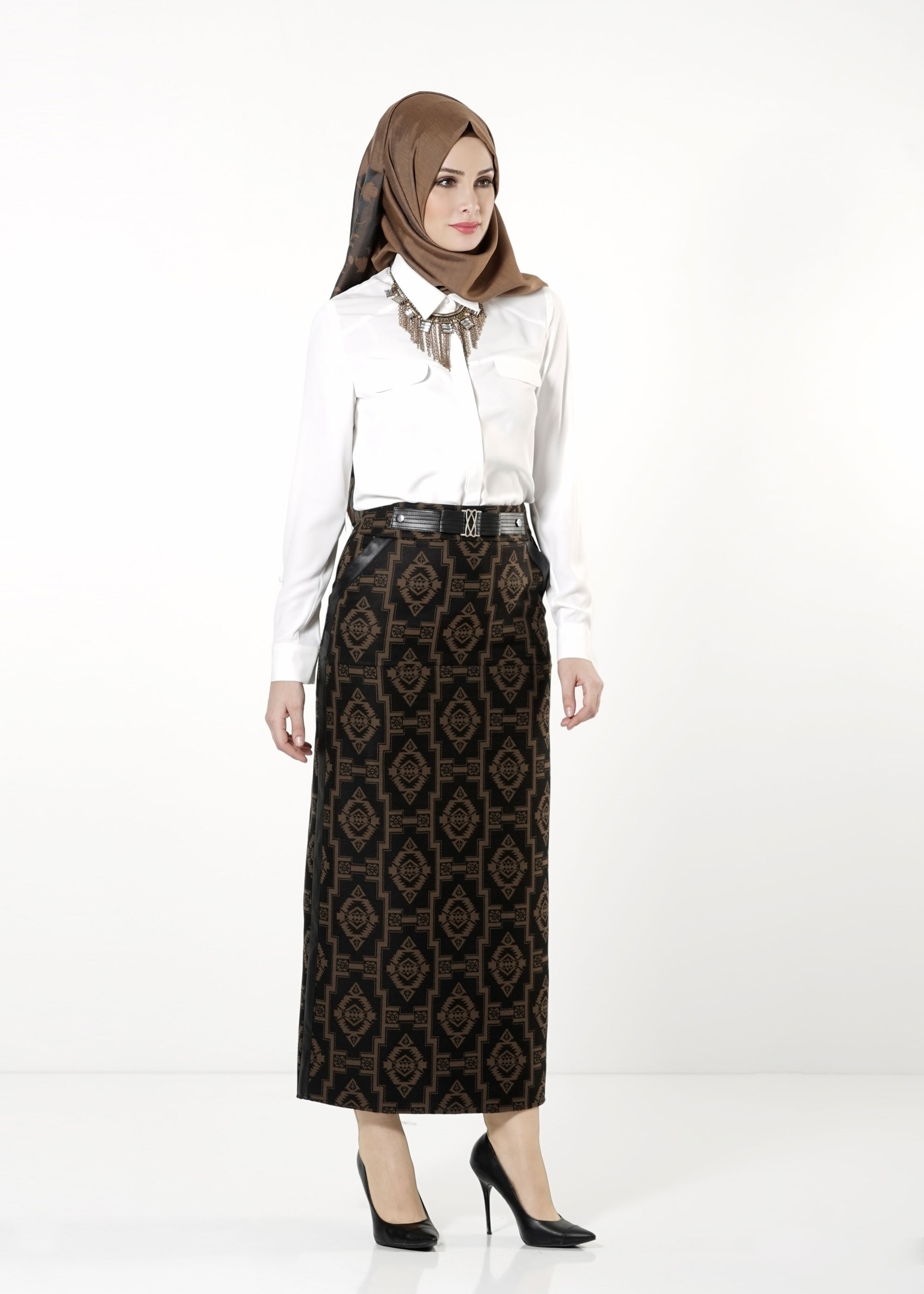 Tesettür giyim KAHVE DESENLİ ETEK 6786 