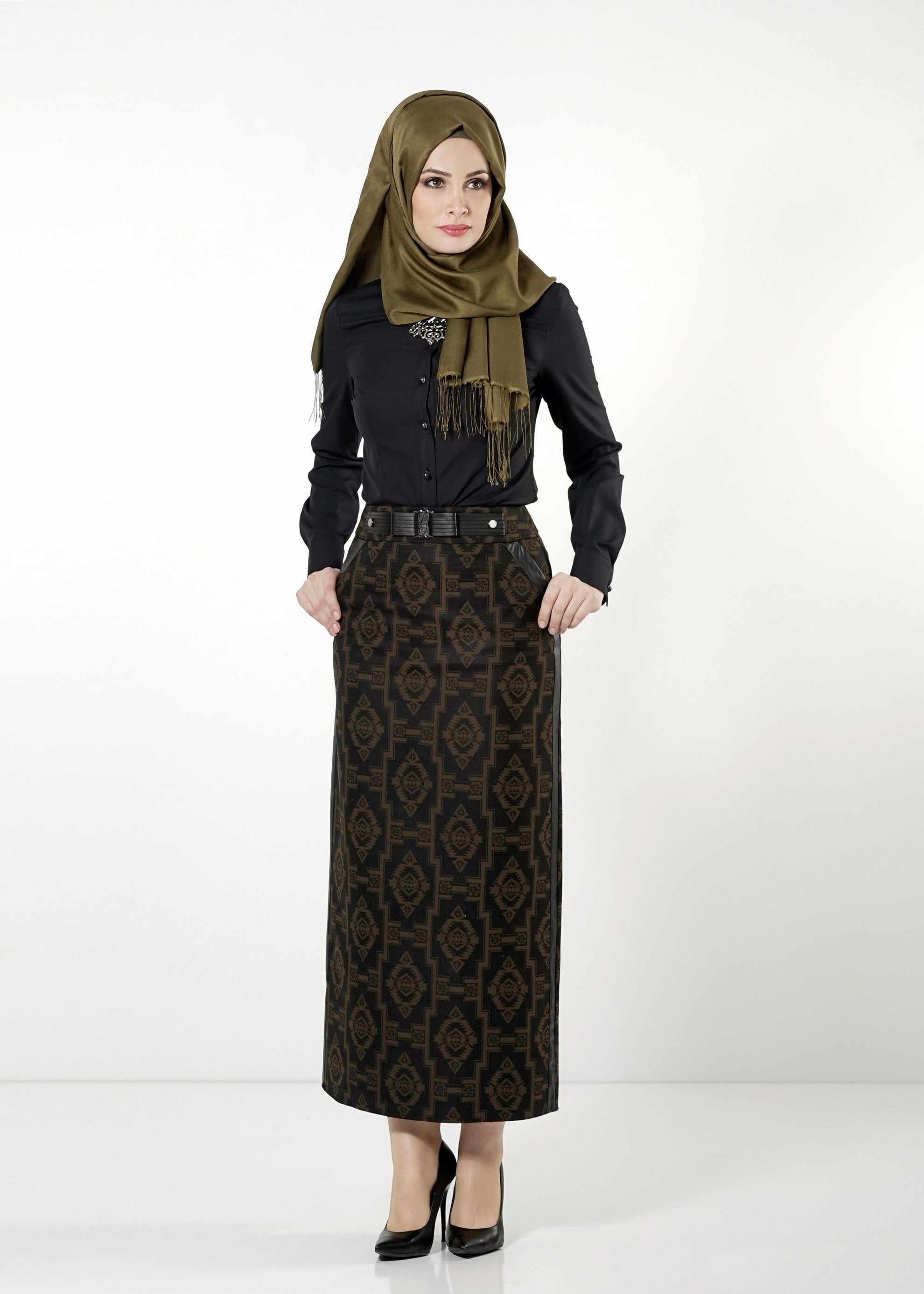 Tesettür giyim HAKİ DESENLİ ETEK 6786 