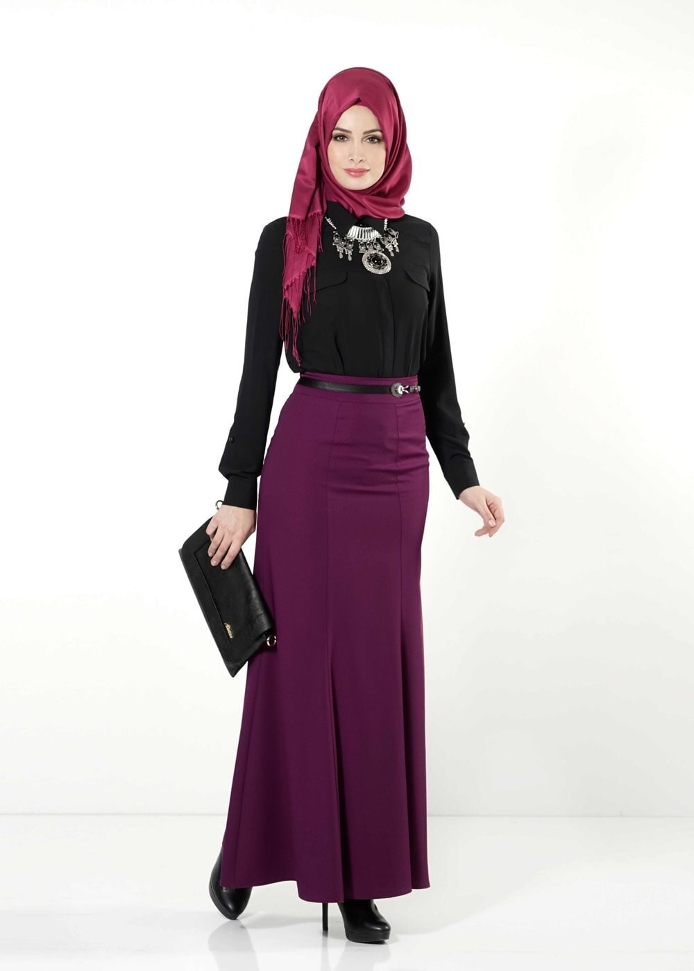 Tesettür giyim FUŞYA BALIK KESİM ETEK 6788 