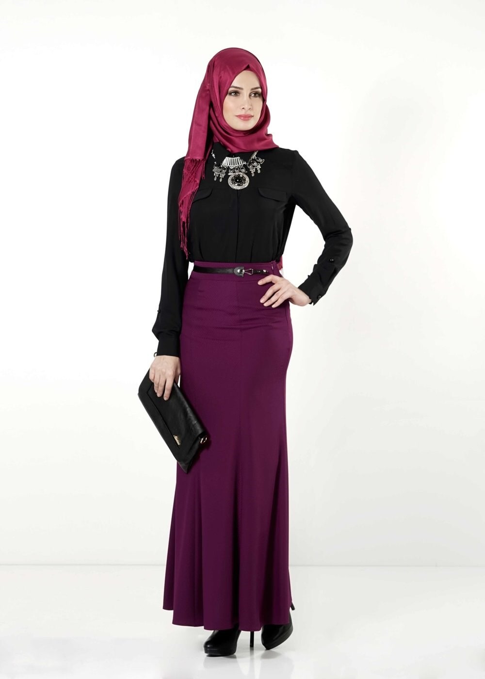 Tesettür giyim FUŞYA BALIK KESİM ETEK 6788 