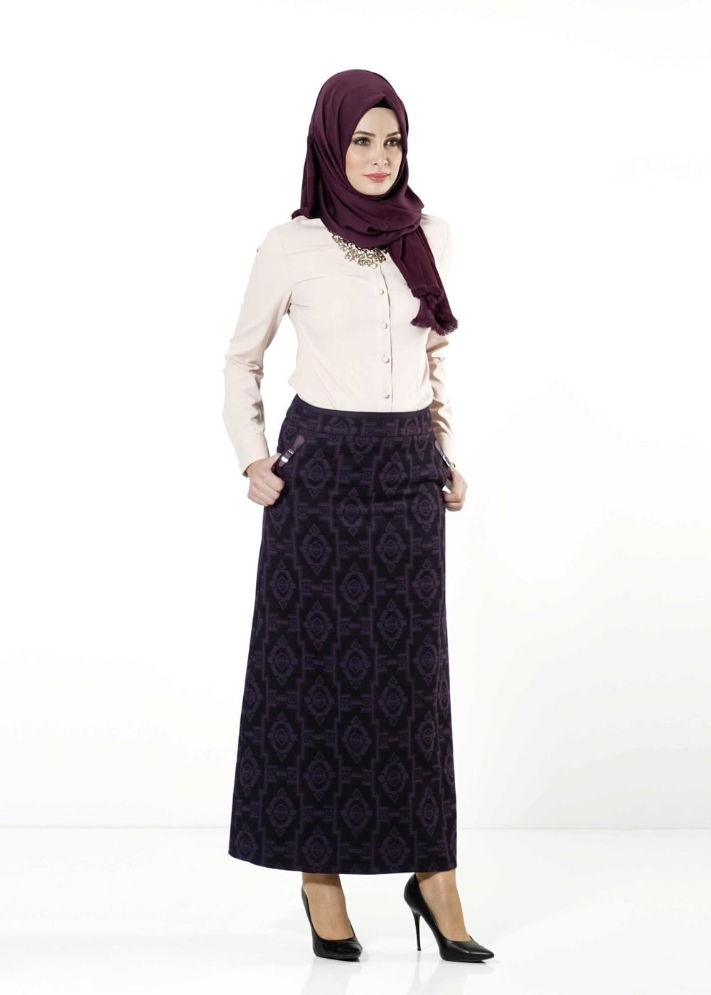 Tesettür giyim MOR DESENLİ ETEK 6789 