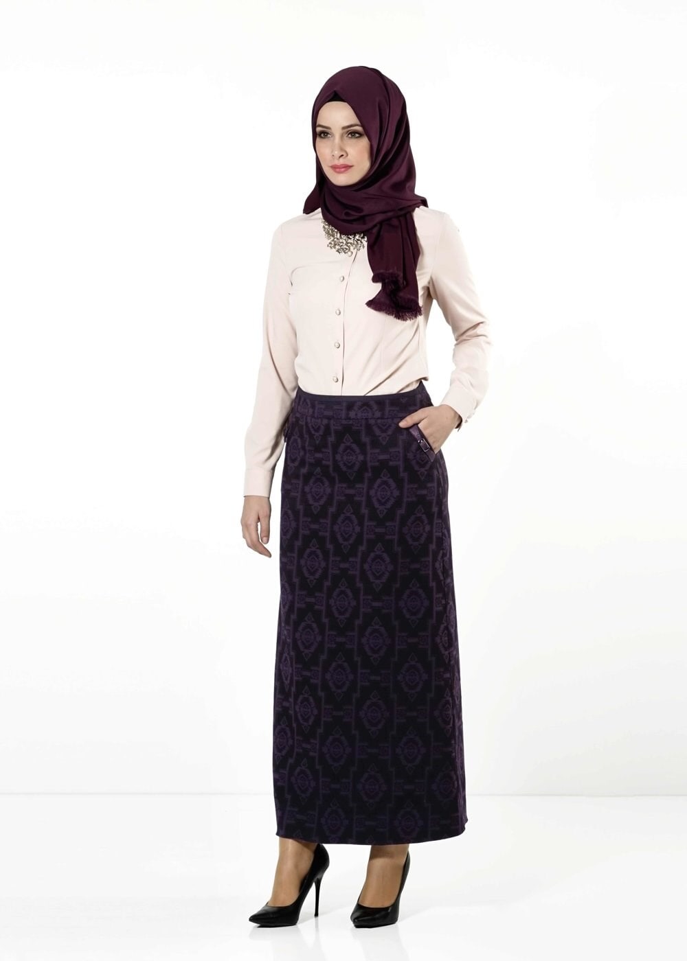 Tesettür giyim MOR DESENLİ ETEK 6789 