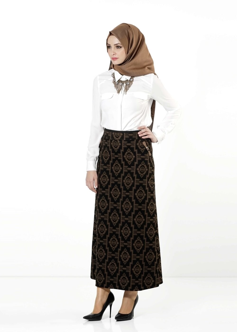 Tesettür giyim KAHVE DESENLİ ETEK 6789 