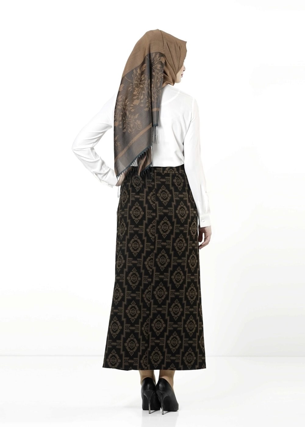 Tesettür giyim KAHVE DESENLİ ETEK 6789 