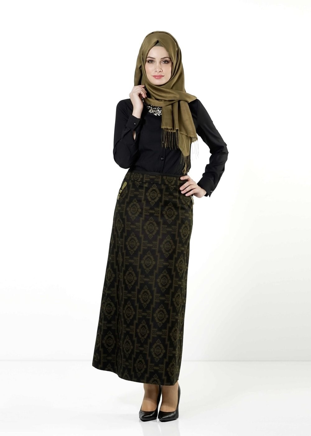 Tesettür giyim HAKİ DESENLİ ETEK 6789 