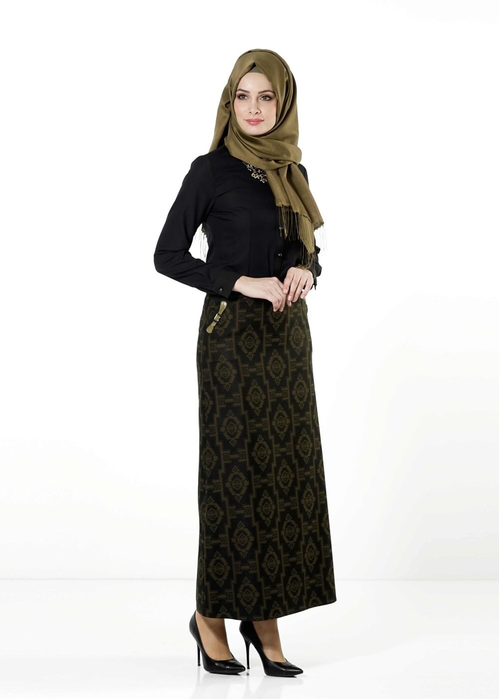 Tesettür giyim HAKİ DESENLİ ETEK 6789 