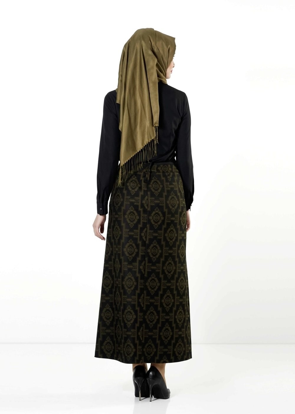 Tesettür giyim HAKİ DESENLİ ETEK 6789 