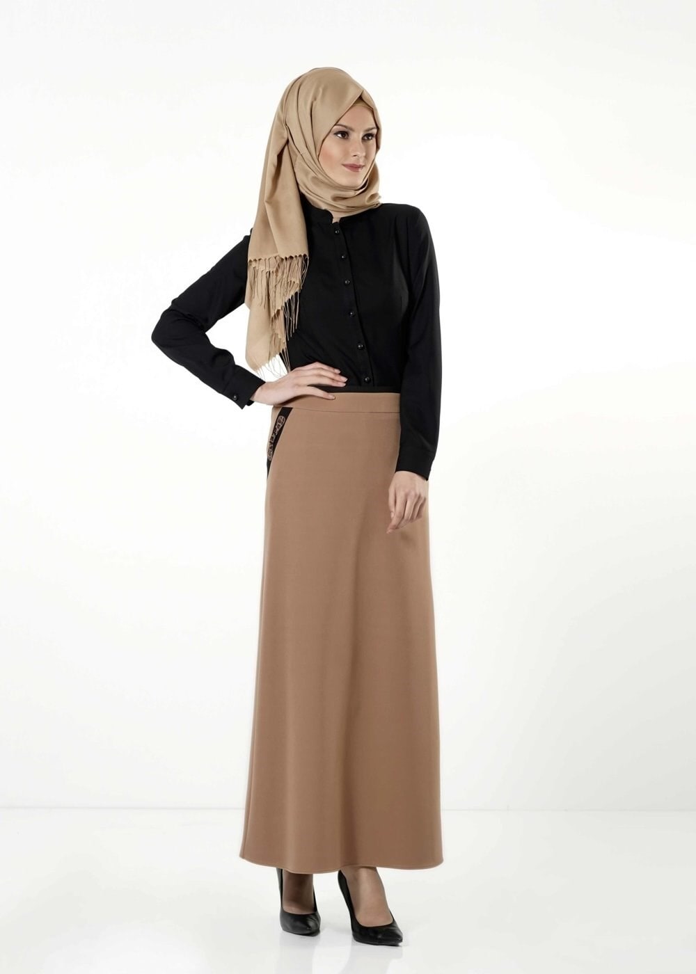 Tesettür giyim KAHVE LEOPAR DESEN DETAYLI ETEK 6790 