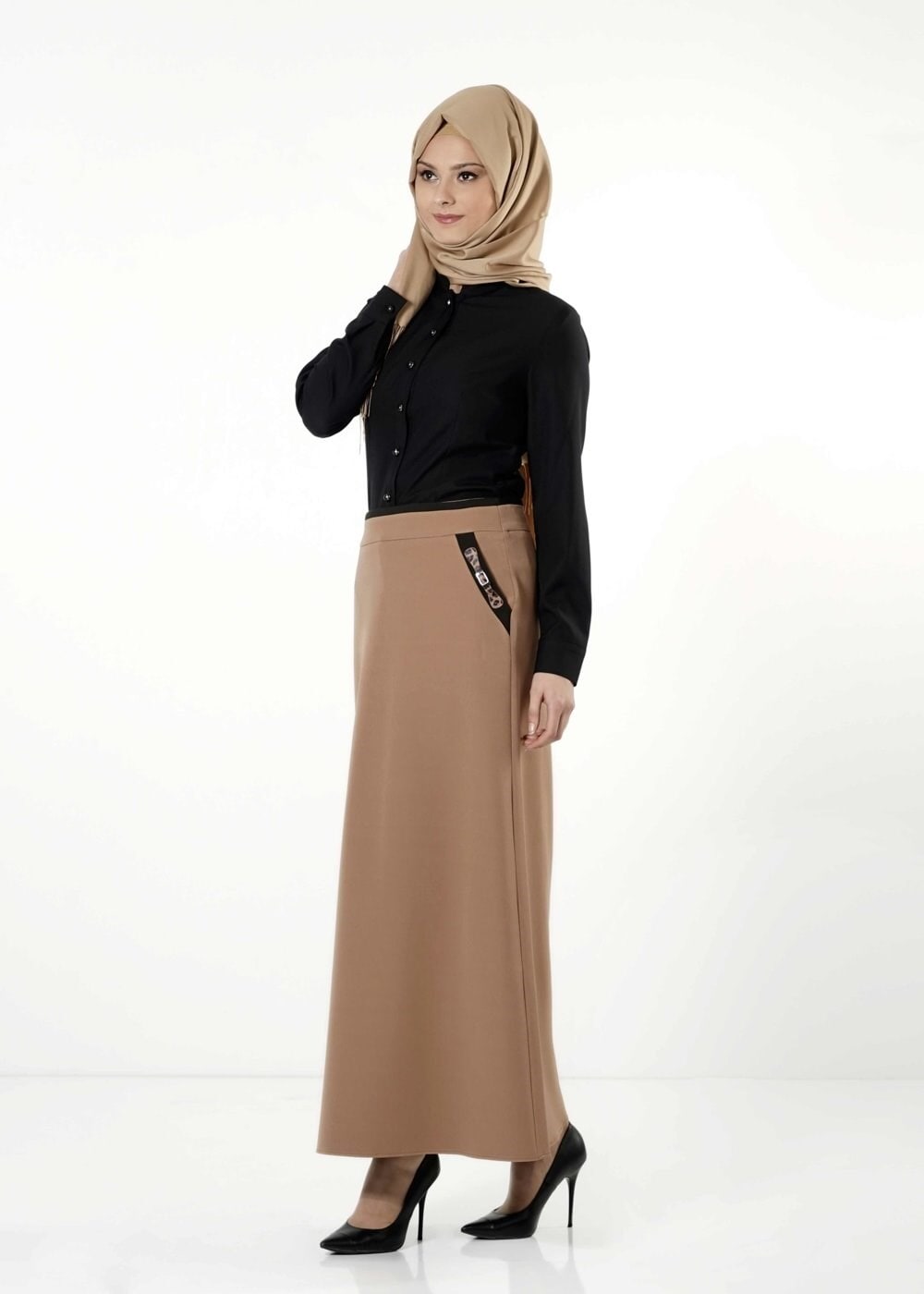 Tesettür giyim KAHVE LEOPAR DESEN DETAYLI ETEK 6790 