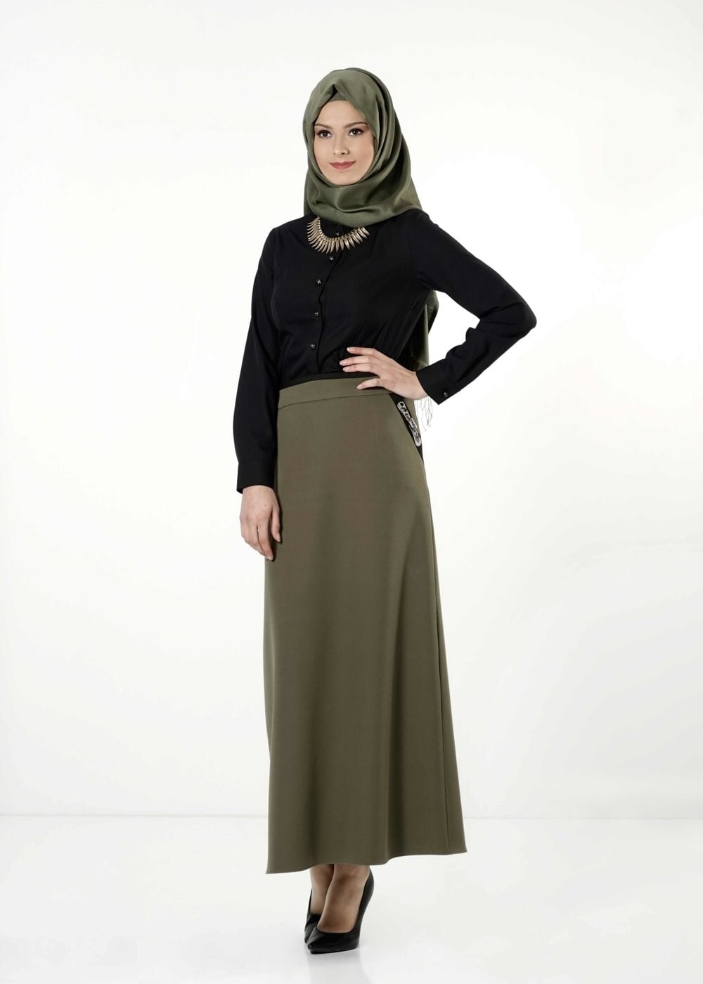 Tesettür giyim HAKİ LEOPAR DESEN DETAYLI ETEK 6790 