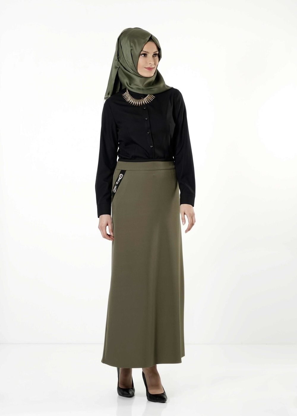 Tesettür giyim HAKİ LEOPAR DESEN DETAYLI ETEK 6790 