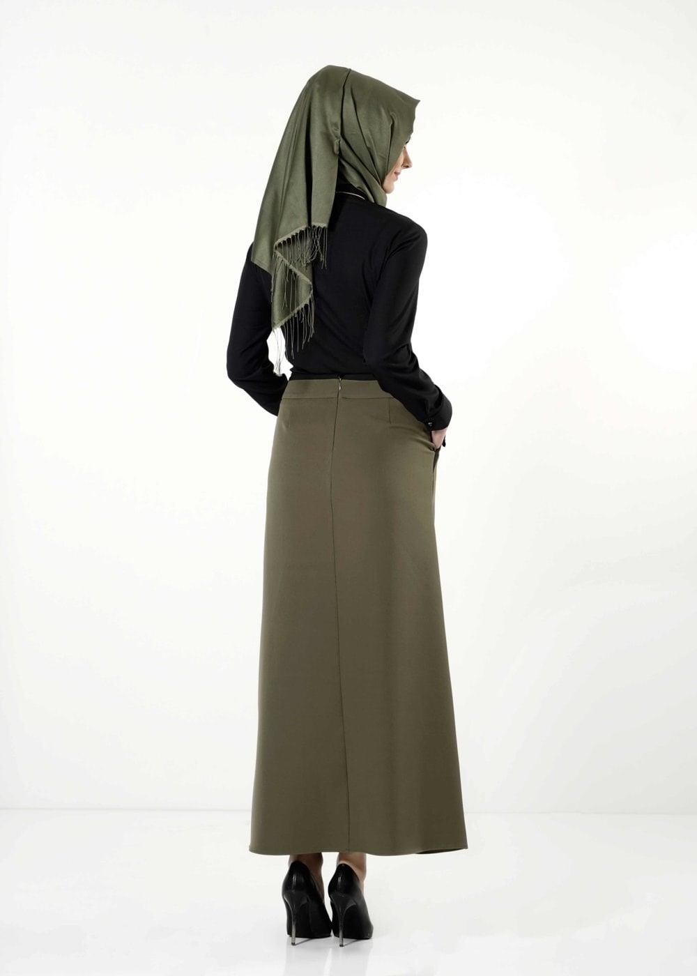 Tesettür giyim HAKİ LEOPAR DESEN DETAYLI ETEK 6790 