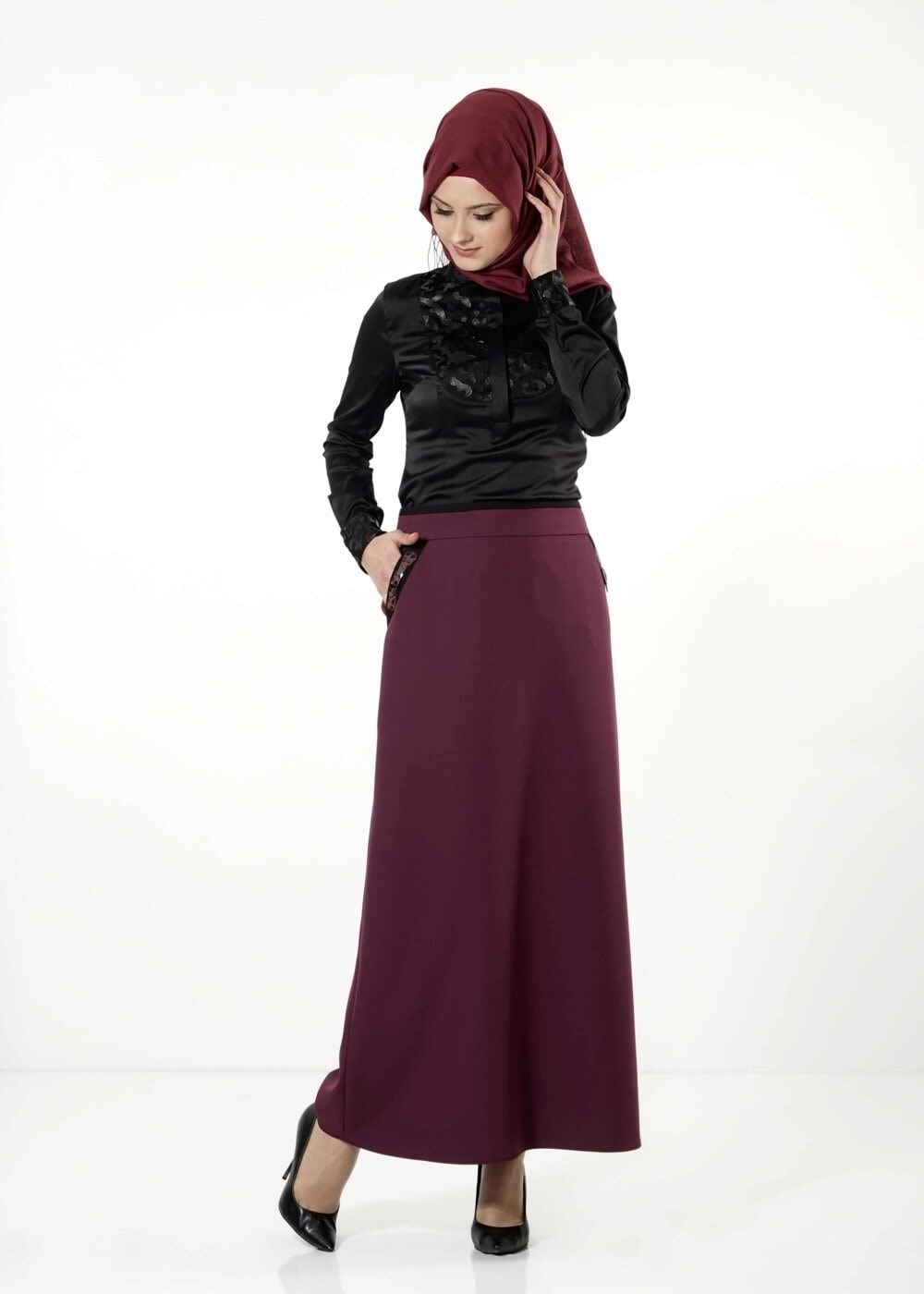 Tesettür giyim BORDO LEOPAR DESEN DETAYLI ETEK 6790 