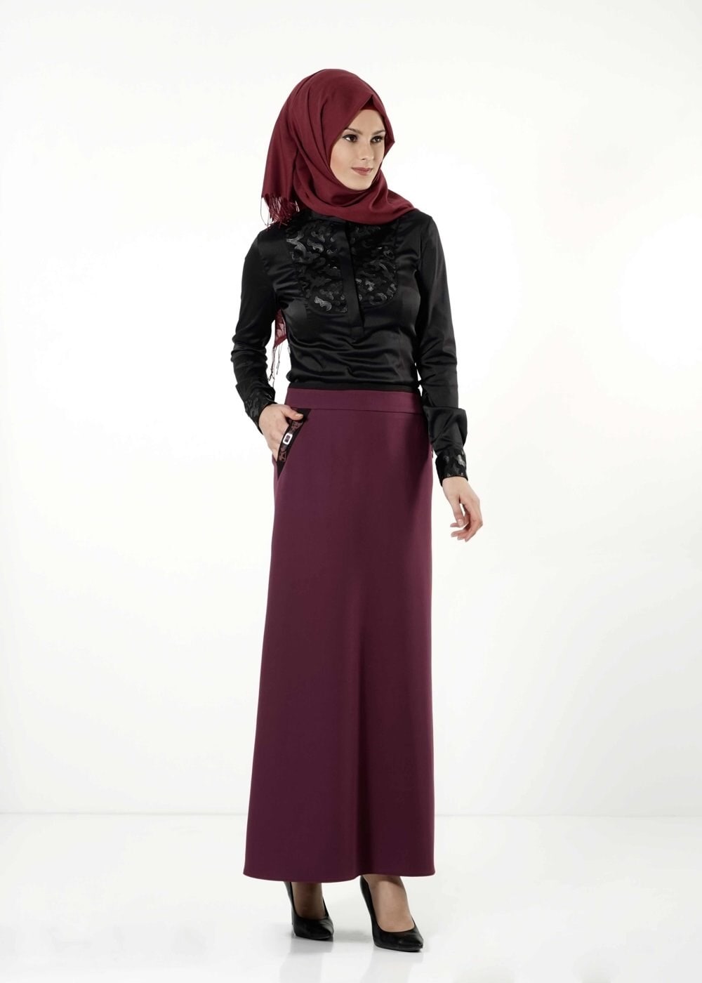 Tesettür giyim BORDO LEOPAR DESEN DETAYLI ETEK 6790 