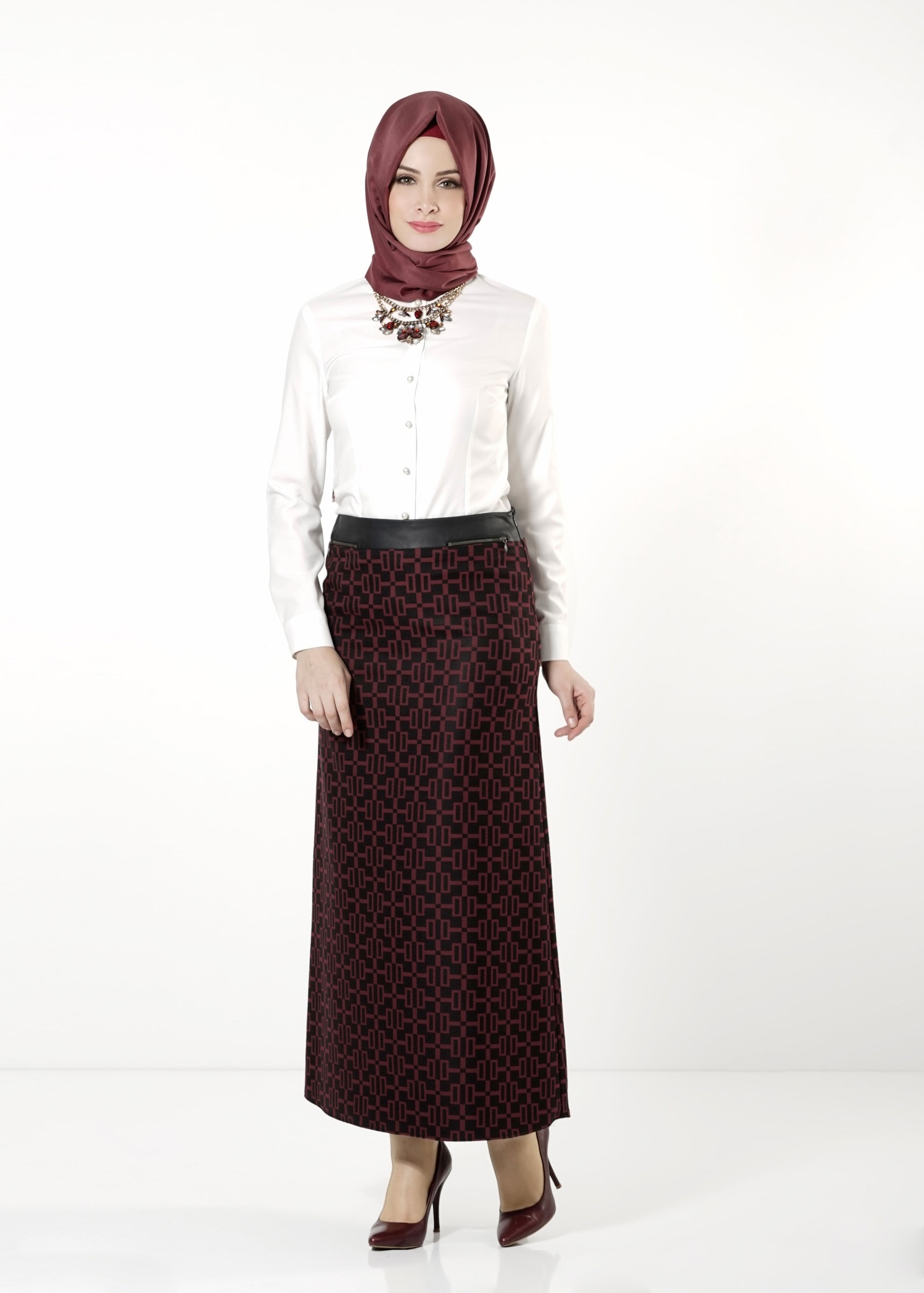 Tesettür giyim BORDO DESENLİ ETEK 6791 