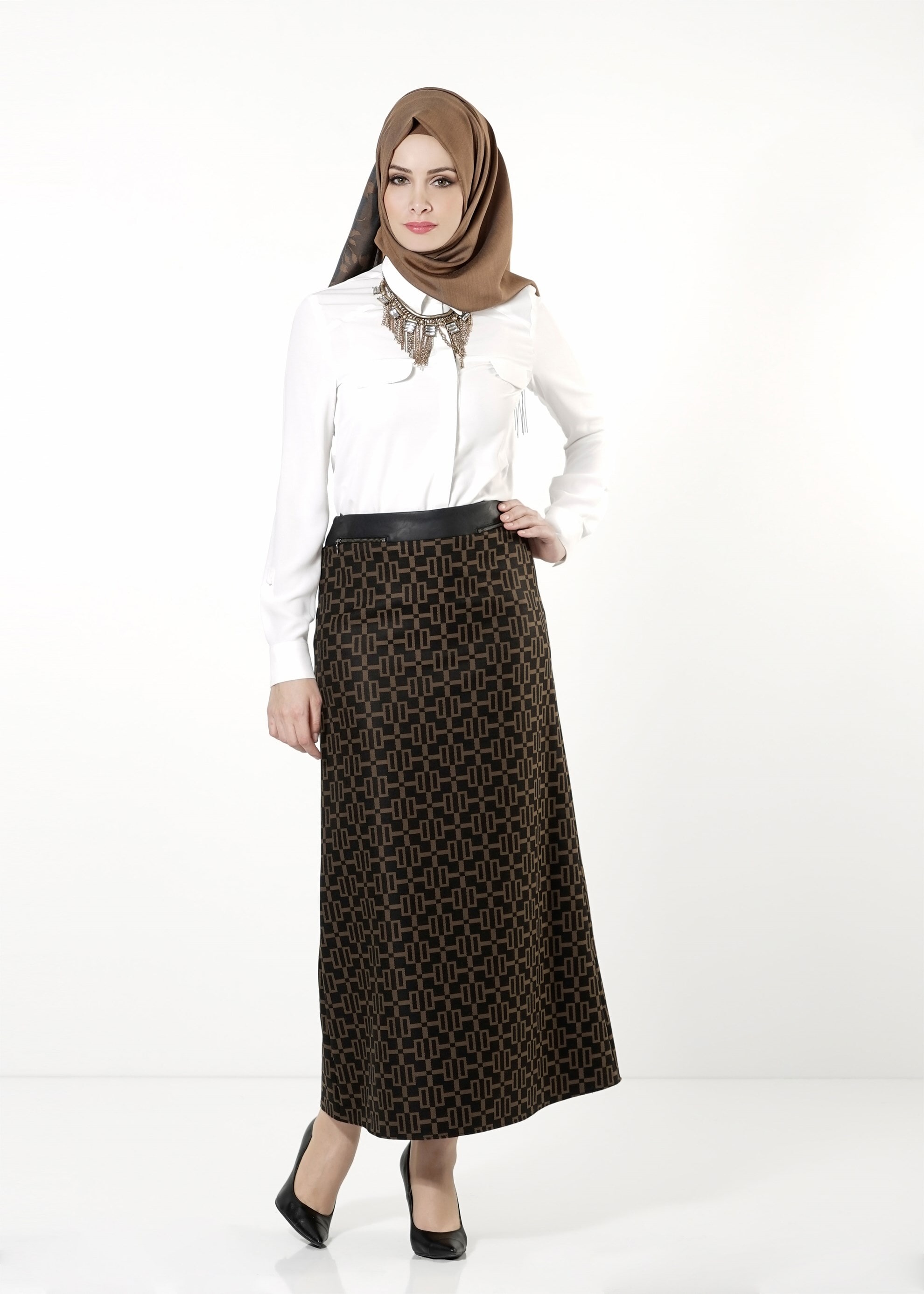 Tesettür giyim KAHVE DESENLİ ETEK 6791 