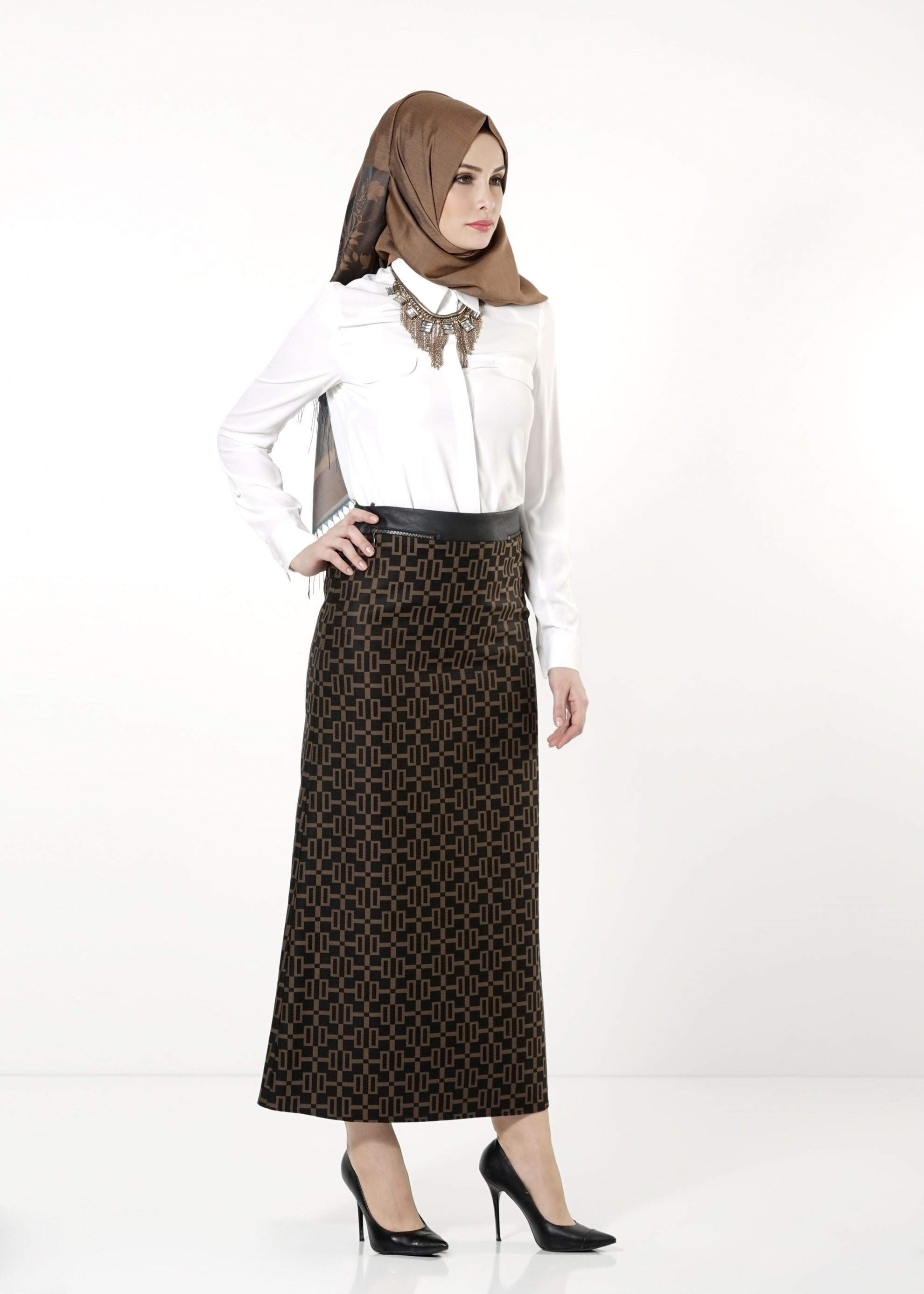 Tesettür giyim KAHVE DESENLİ ETEK 6791 