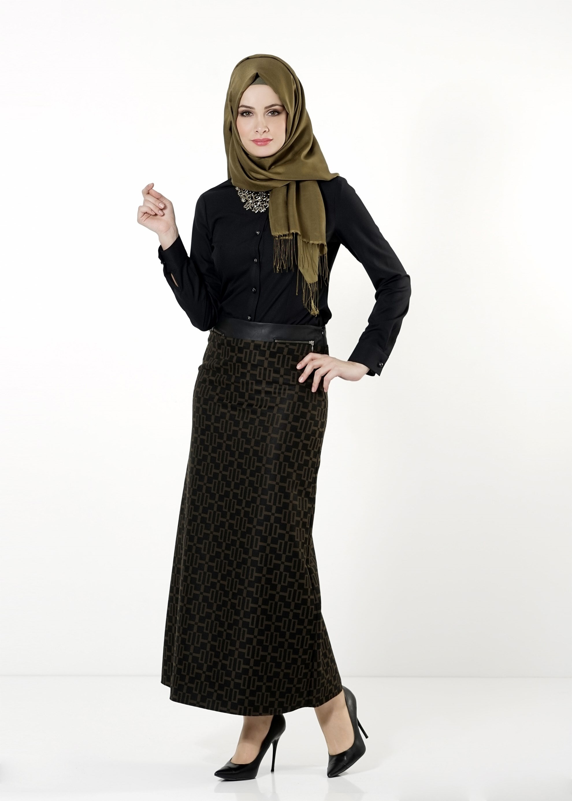 Tesettür giyim HAKİ DESENLİ ETEK 6791 