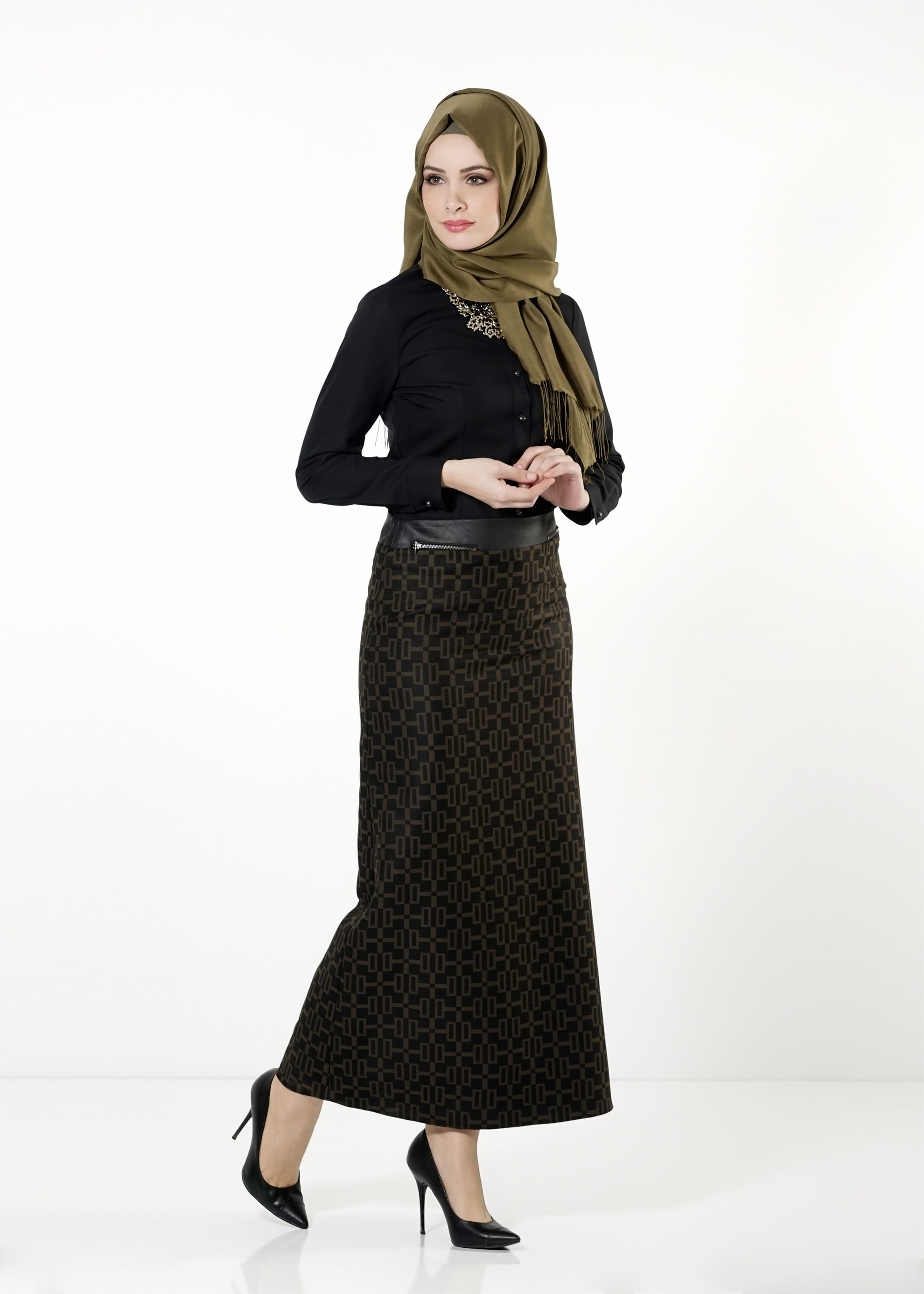 Tesettür giyim HAKİ DESENLİ ETEK 6791 