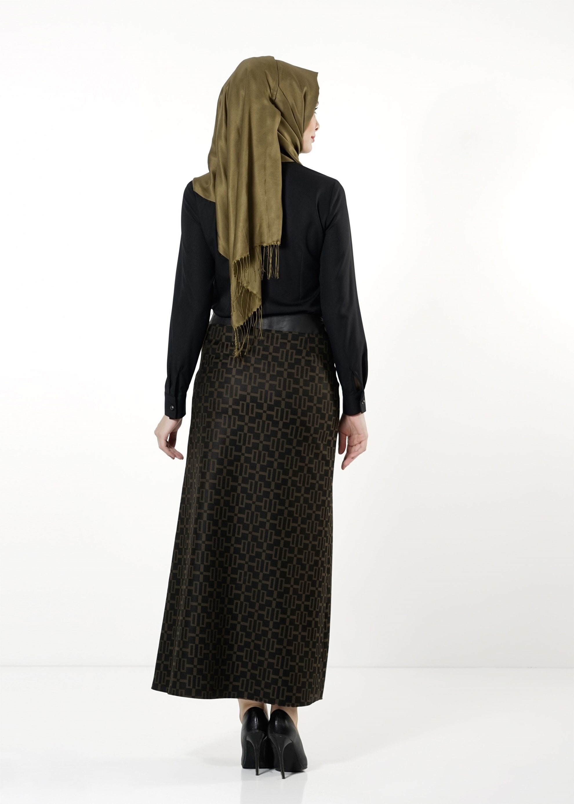 Tesettür giyim HAKİ DESENLİ ETEK 6791 