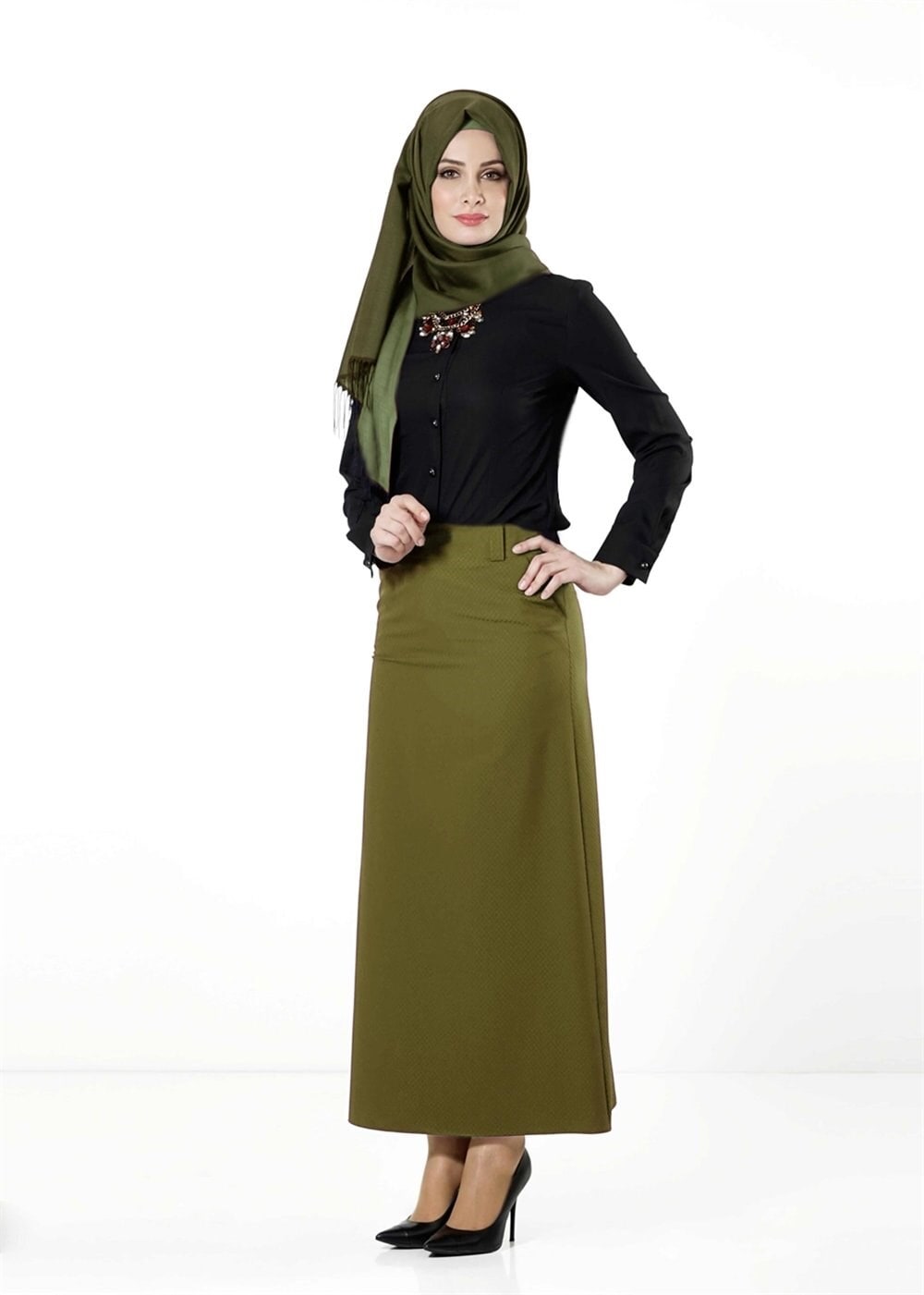 Tesettür giyim YEŞİL CEPLİ ETEK 6792 