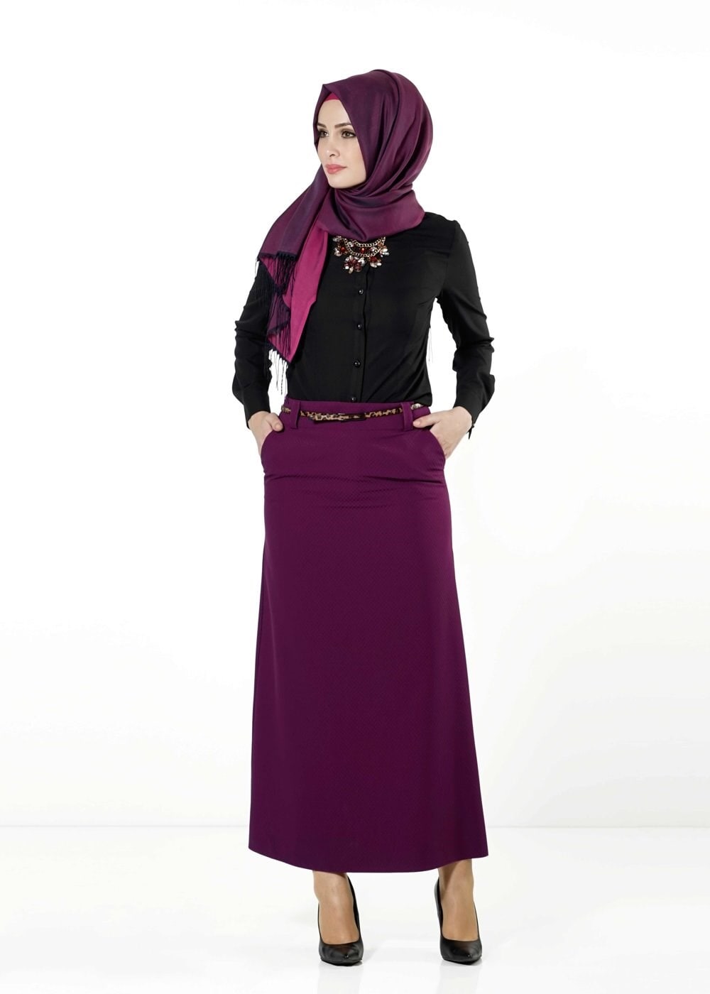 Tesettür giyim FUŞYA CEPLİ ETEK 6792 