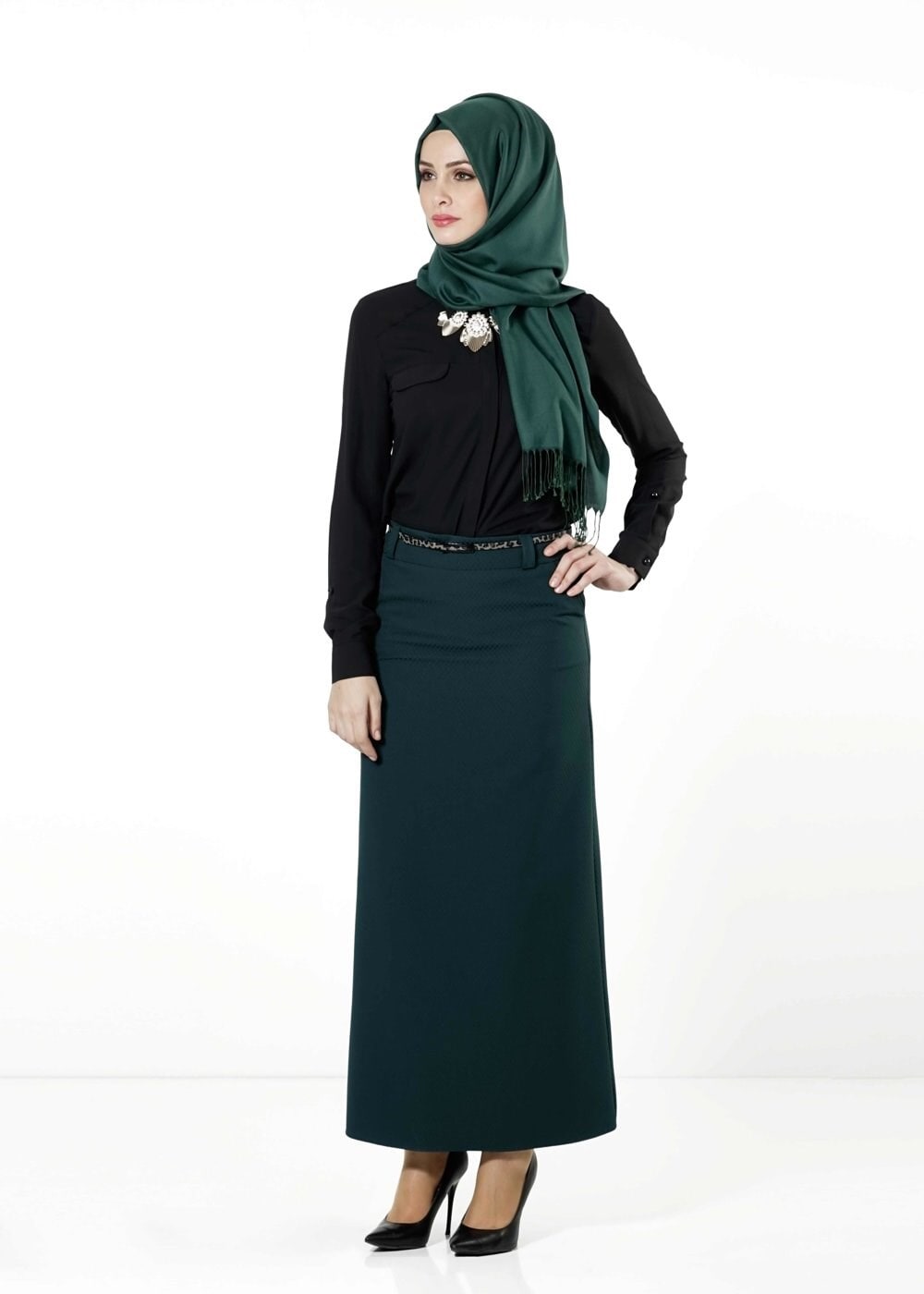 Tesettür giyim YEŞİL CEPLİ ETEK 6792 