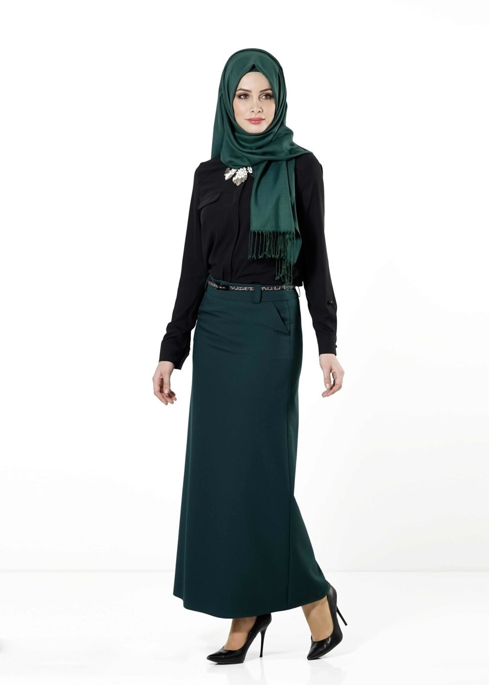 Tesettür giyim YEŞİL CEPLİ ETEK 6792 