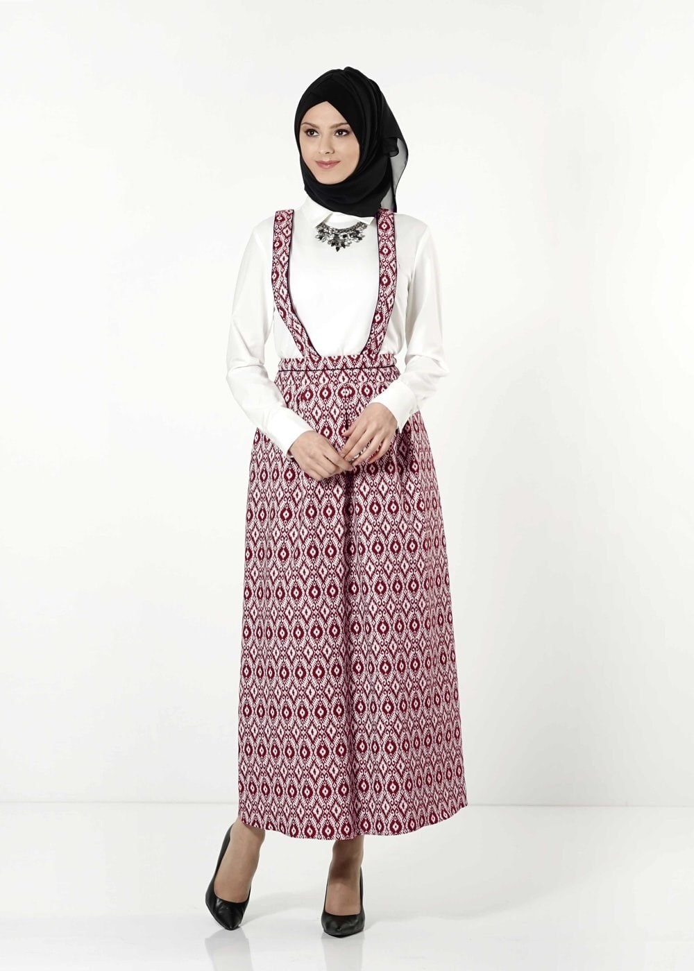 Tesettür giyim BORDO DESENLİ ASKILI ETEK 6800 