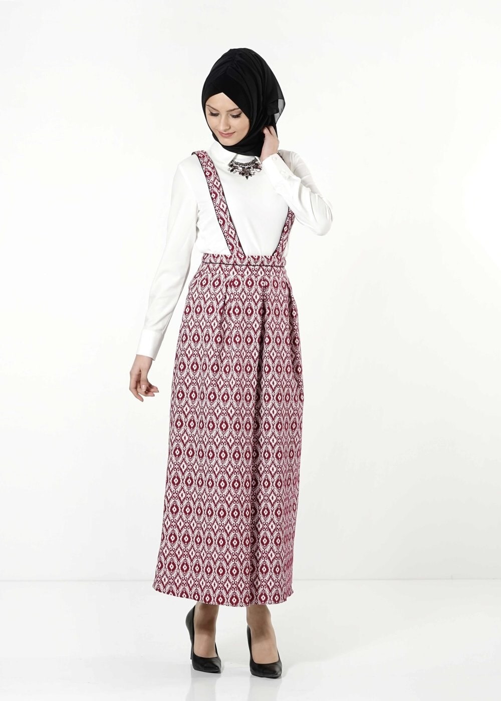 Tesettür giyim BORDO DESENLİ ASKILI ETEK 6800 