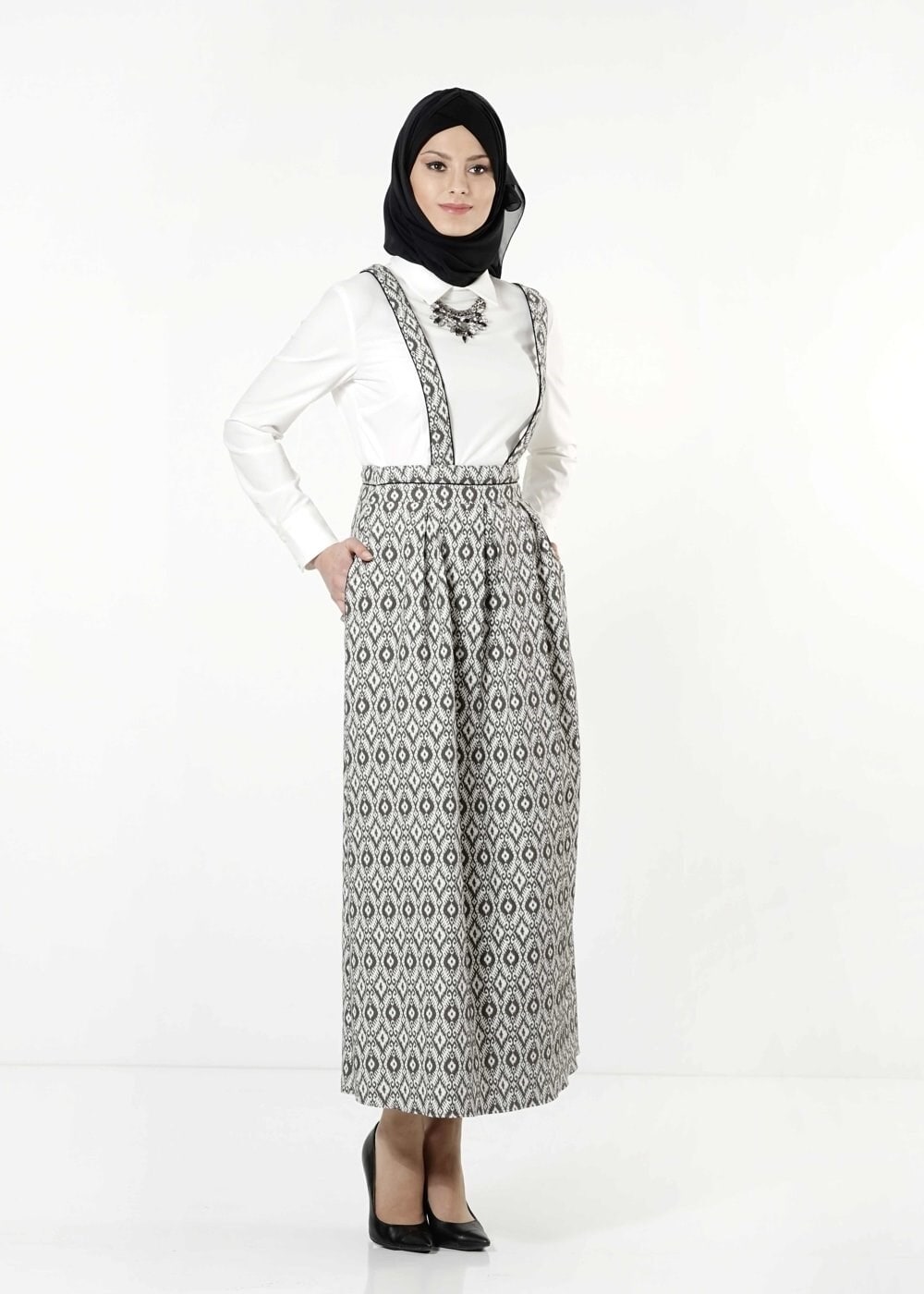 Tesettür giyim HAKİ DESENLİ ASKILI ETEK 6800 