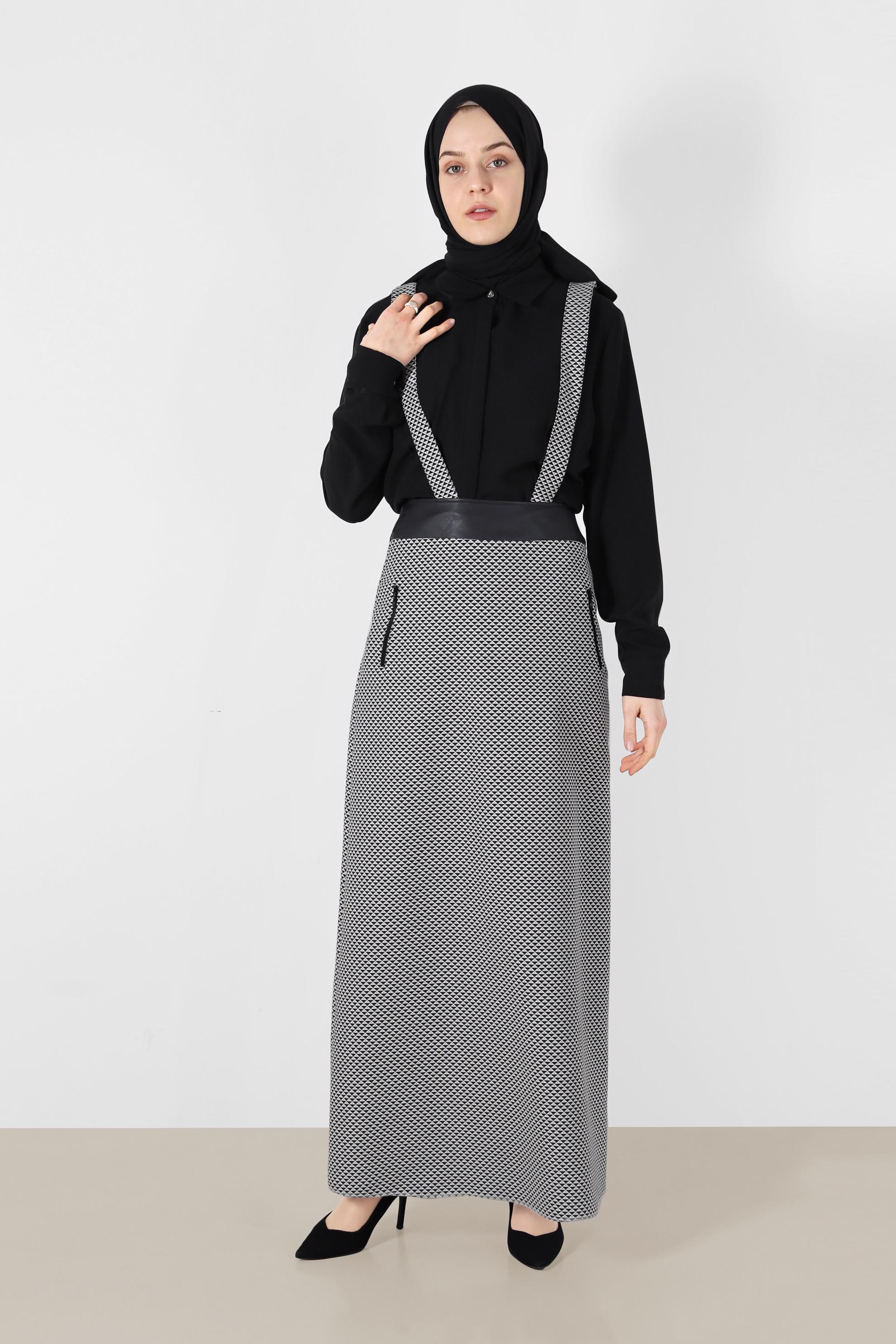 Tesettür giyim SİYAH ASKILI DESENLİ ETEK 6802 
