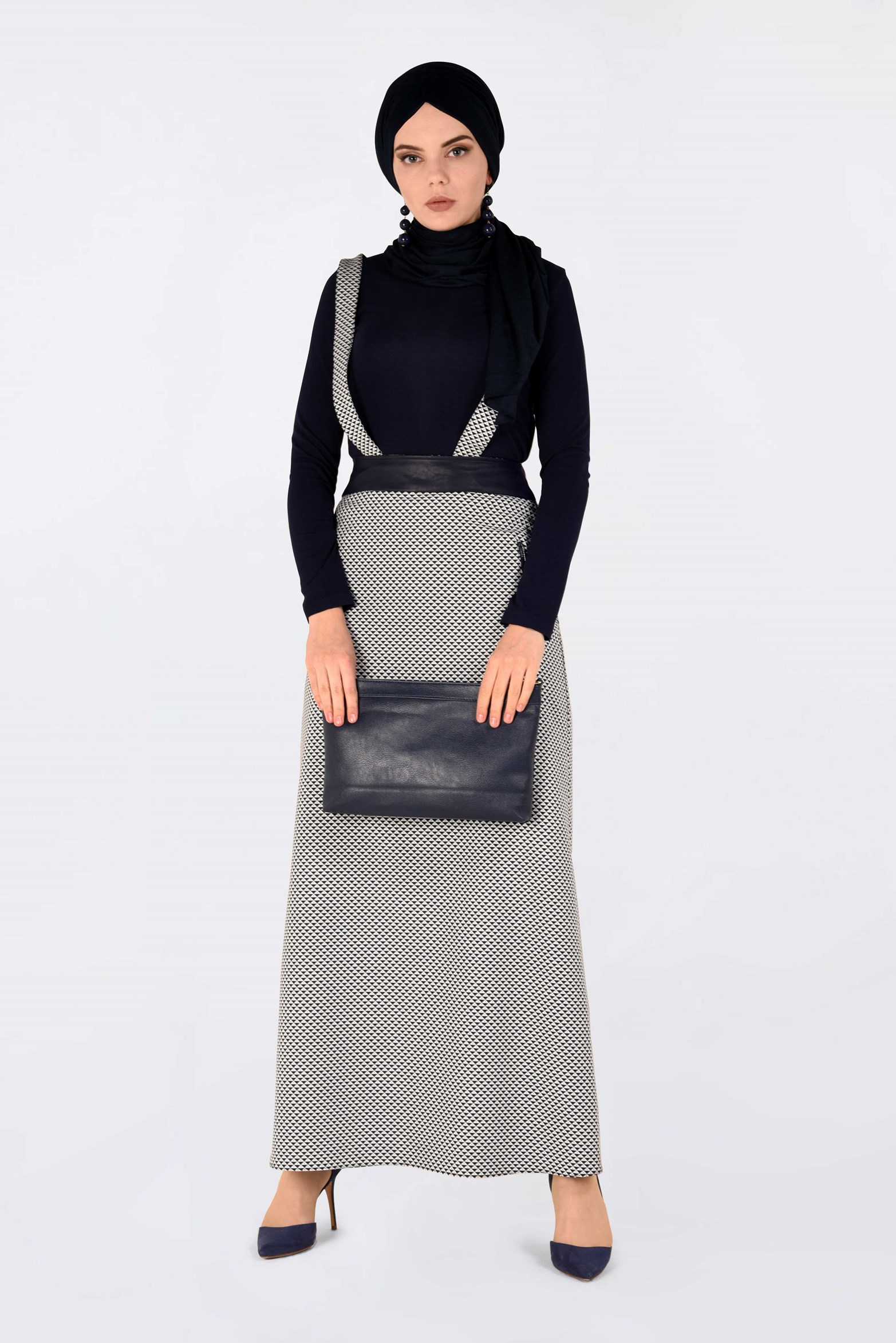 Tesettür giyim LACİVERT ASKILI DESENLİ ETEK 6802 