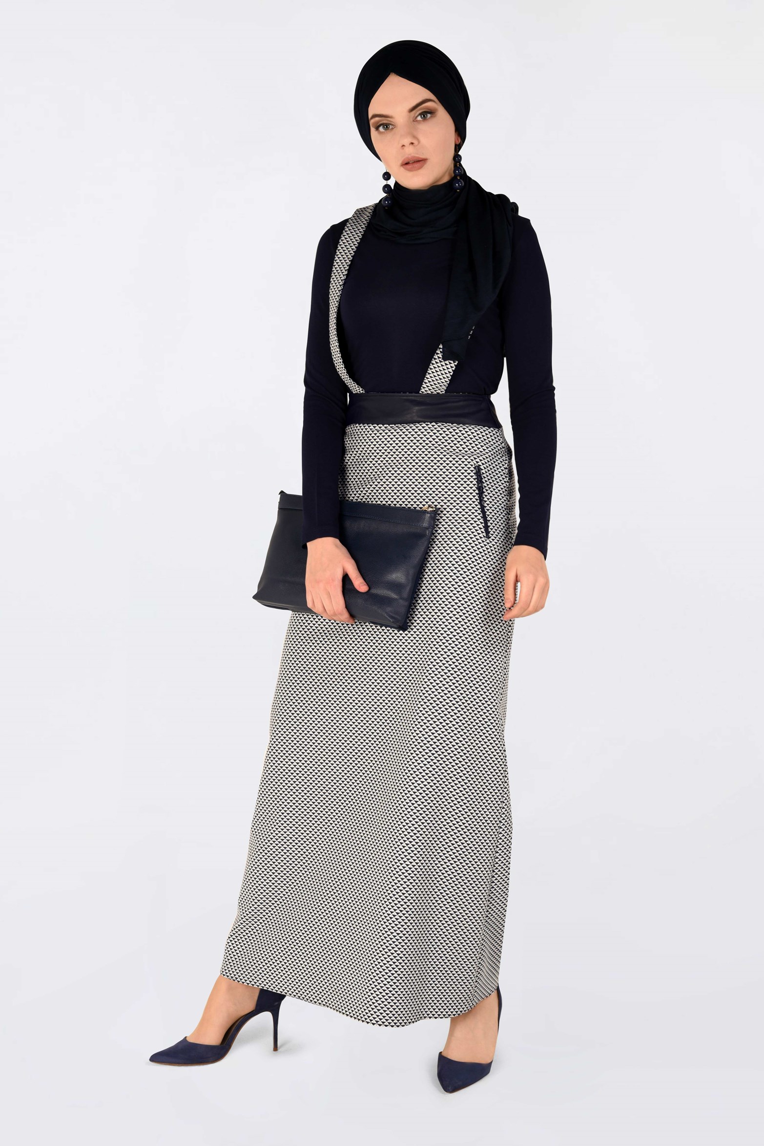 Tesettür giyim LACİVERT ASKILI DESENLİ ETEK 6802 