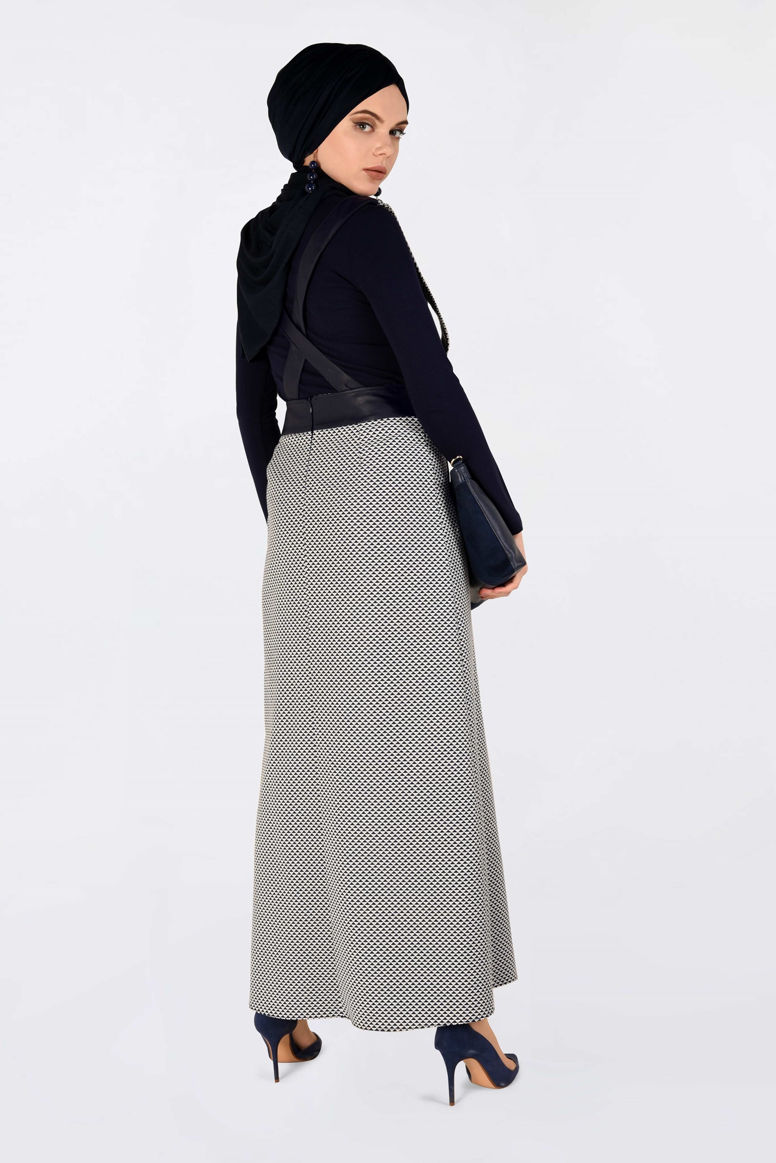 Tesettür giyim LACİVERT ASKILI DESENLİ ETEK 6802 