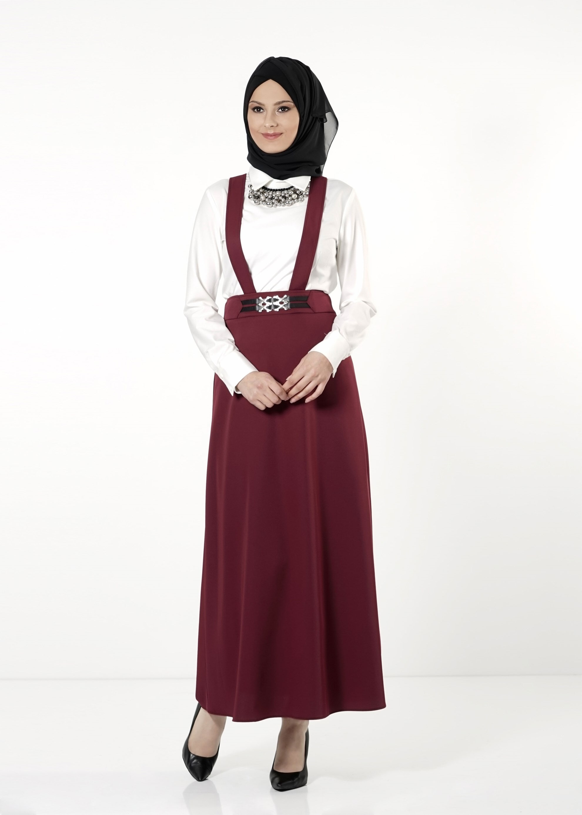 Tesettür giyim BORDO ÇAPRAZ ASKILI ETEK 6805 