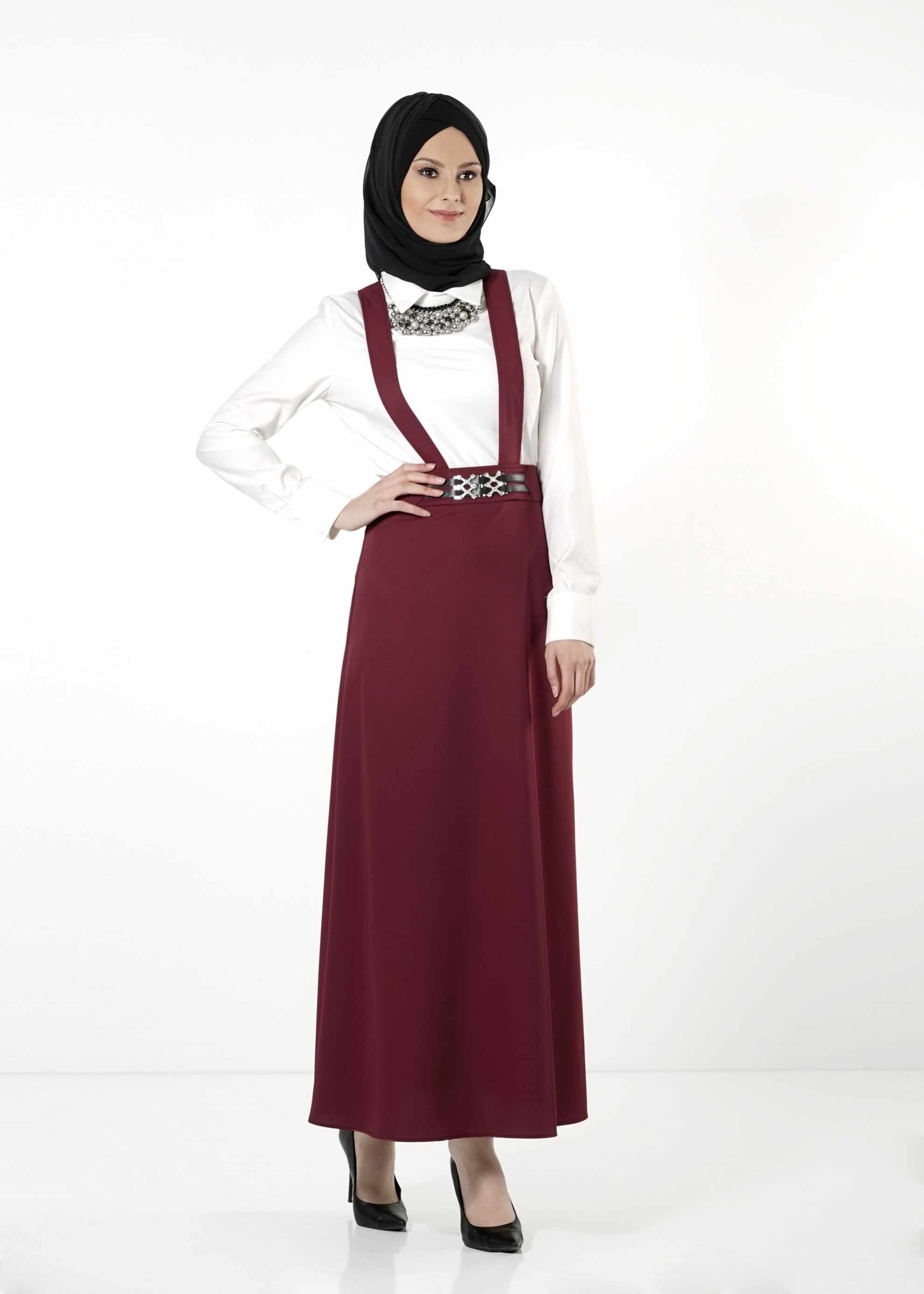 Tesettür giyim BORDO ÇAPRAZ ASKILI ETEK 6805 