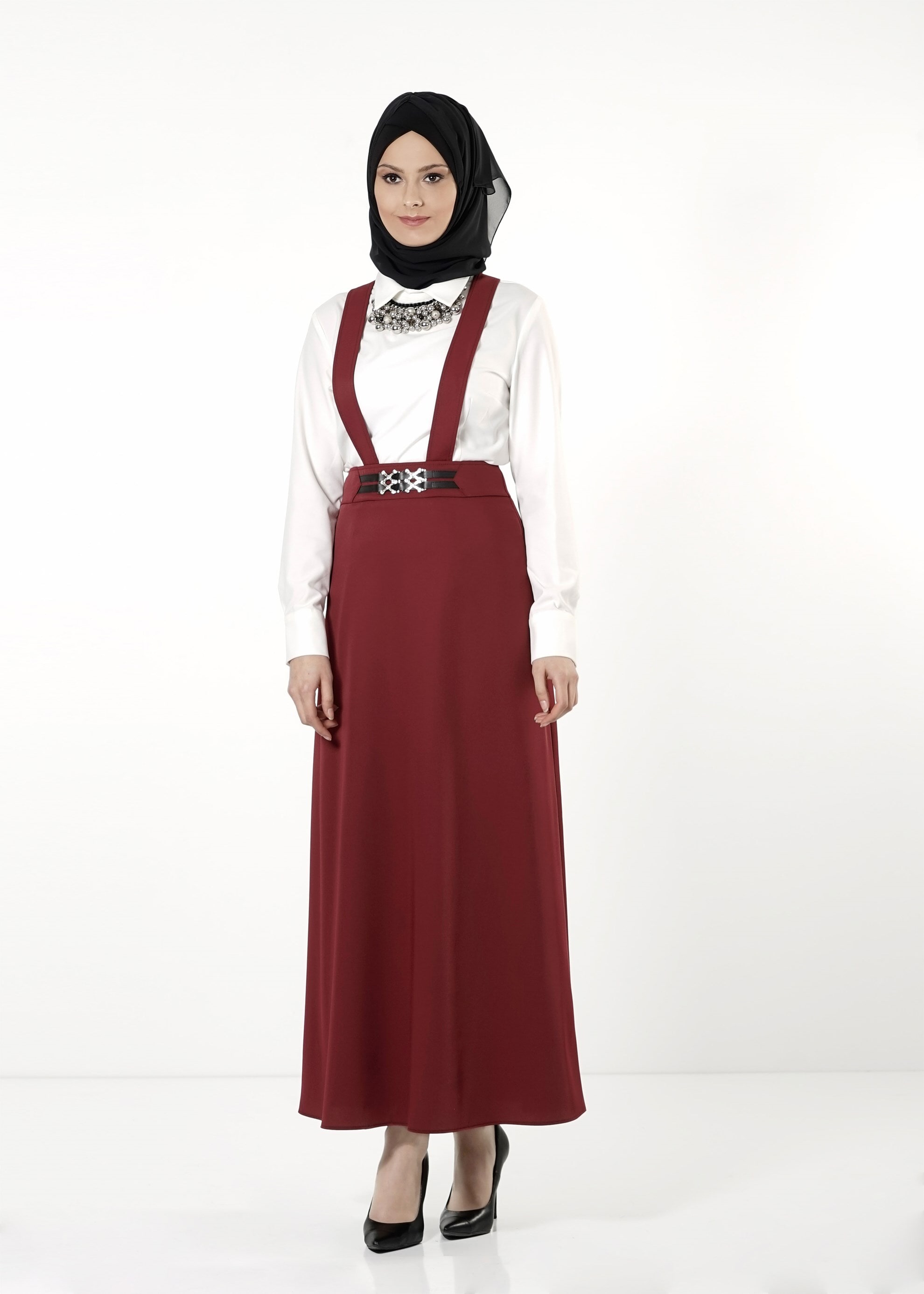 Tesettür giyim BORDO ÇAPRAZ ASKILI ETEK 6805 