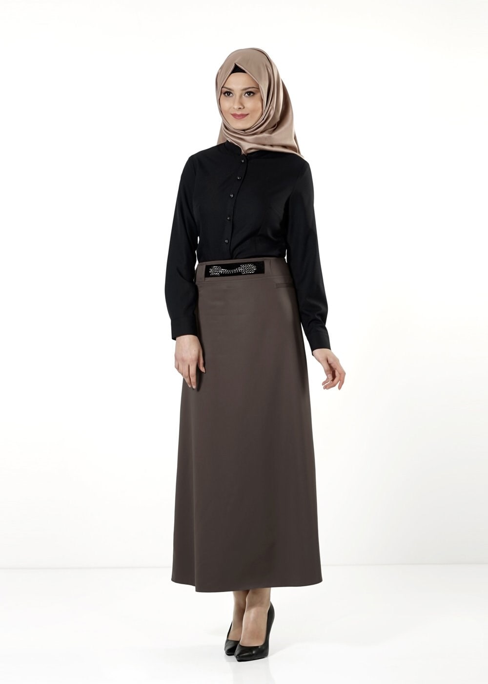 Tesettür giyim VİZON ZİNCİR DETAYLI ETEK 6809