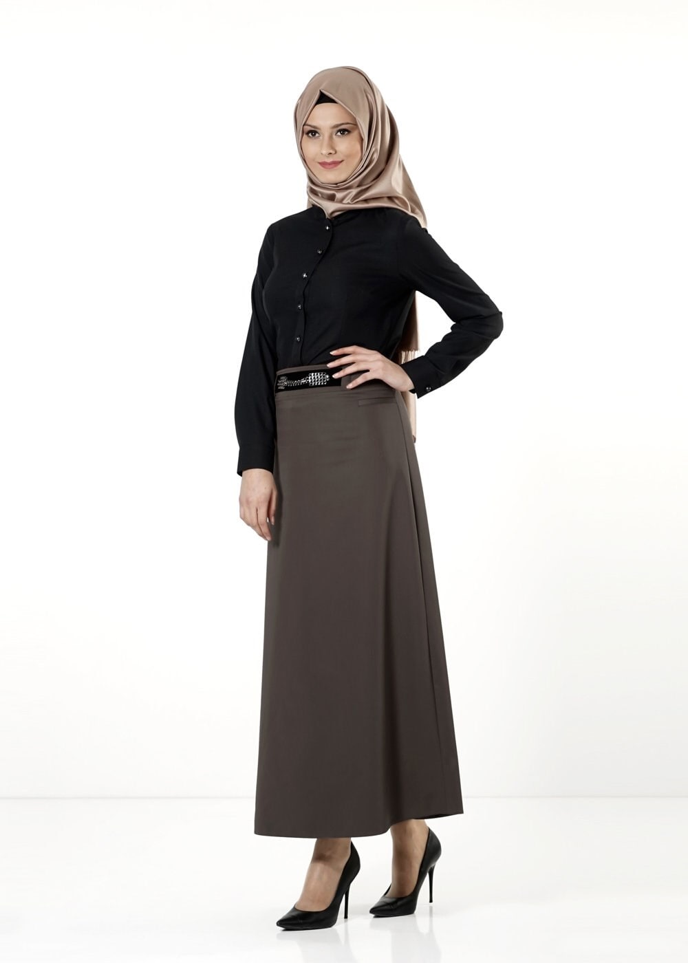 Tesettür giyim VİZON ZİNCİR DETAYLI ETEK 6809