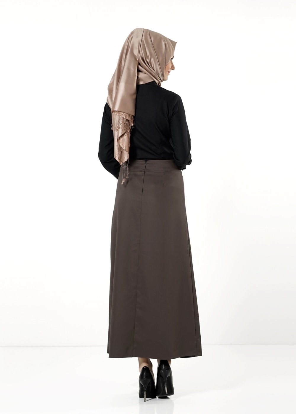 Tesettür giyim VİZON ZİNCİR DETAYLI ETEK 6809