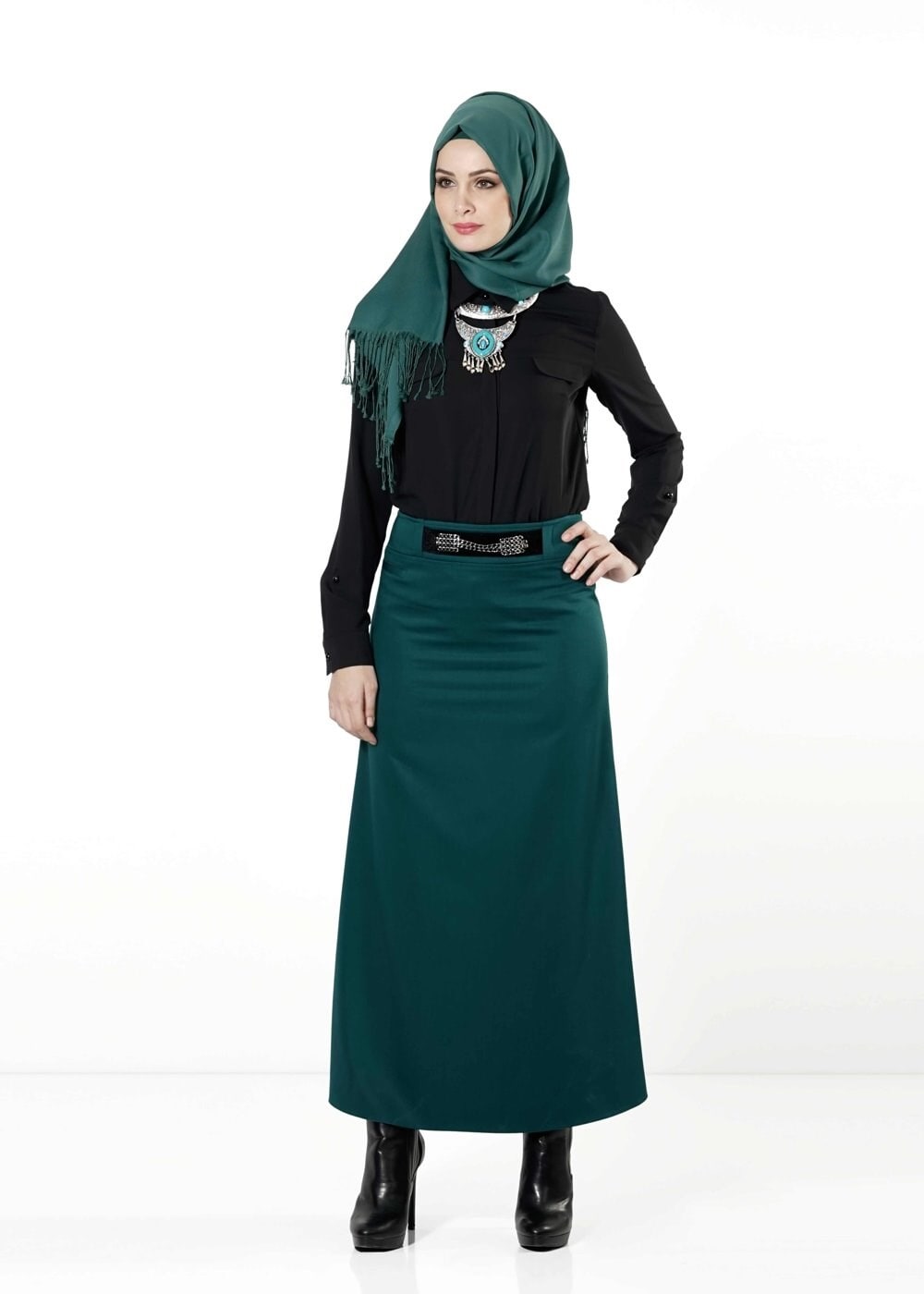 Tesettür giyim YEŞİL ZİNCİR DETAYLI ETEK 6809