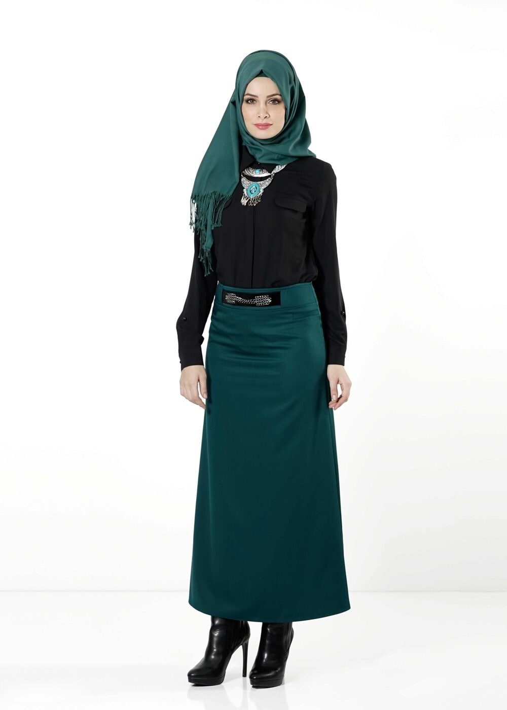 Tesettür giyim YEŞİL ZİNCİR DETAYLI ETEK 6809