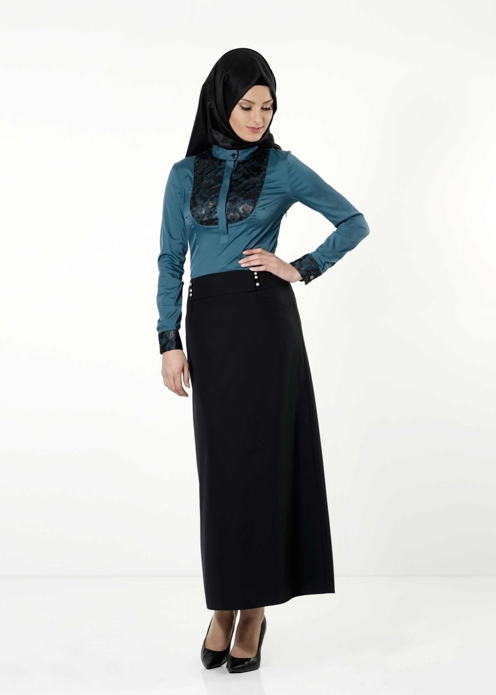 Tesettür giyim SİYAH İNCİ DETAYLI ETEK 6810 