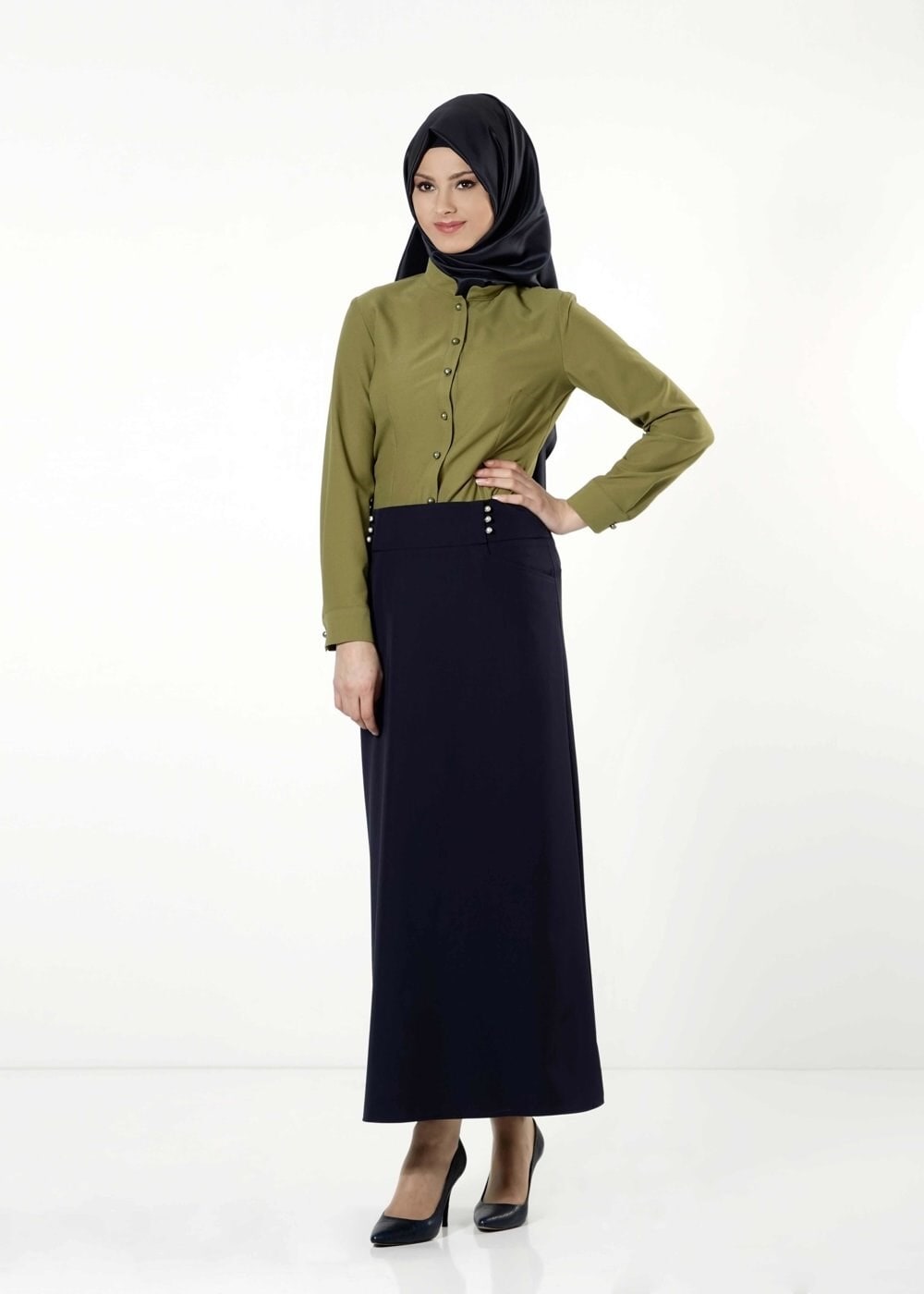 Tesettür giyim LACİVERT İNCİ DETAYLI ETEK 6810 