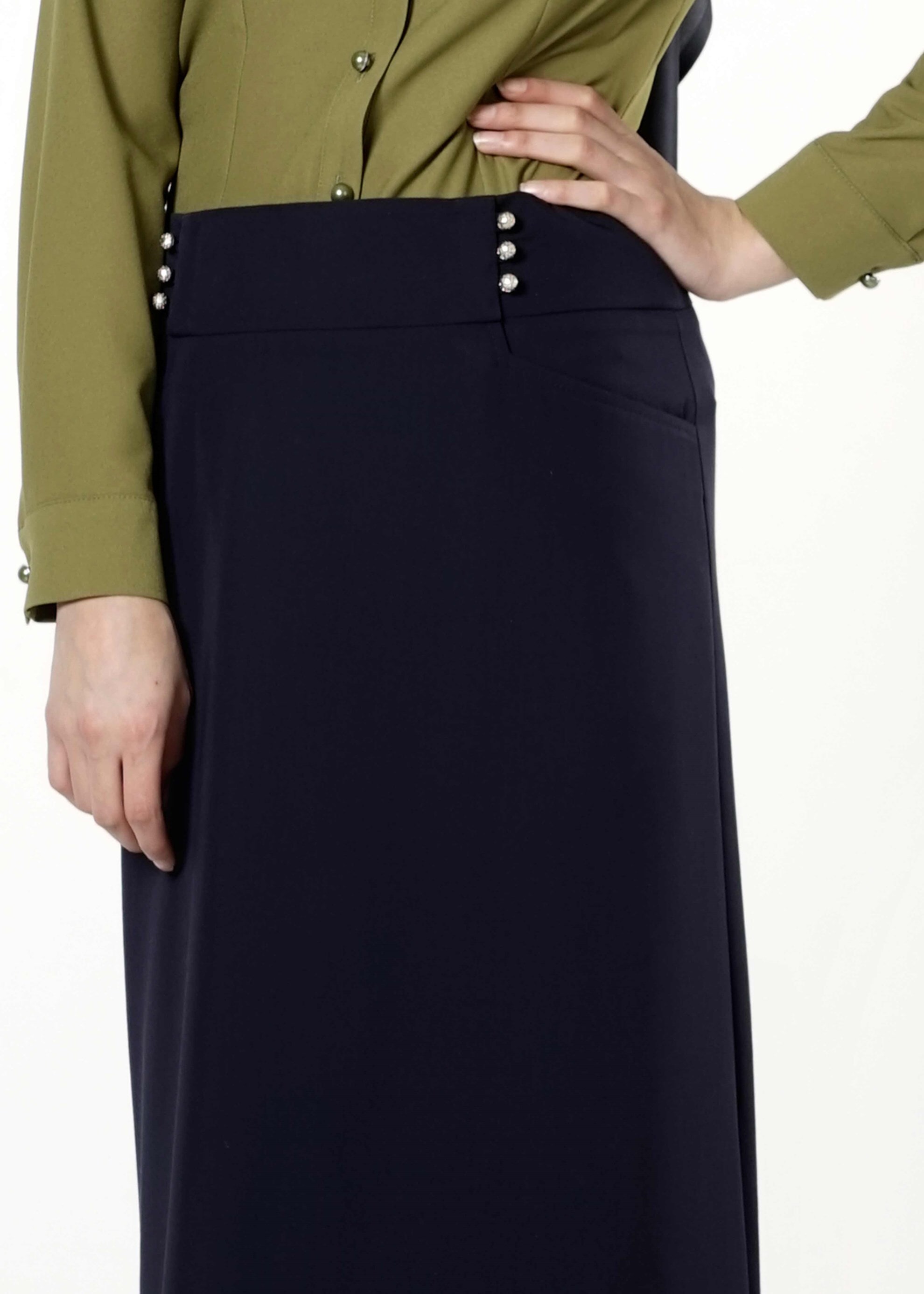 Tesettür giyim LACİVERT İNCİ DETAYLI ETEK 6810 