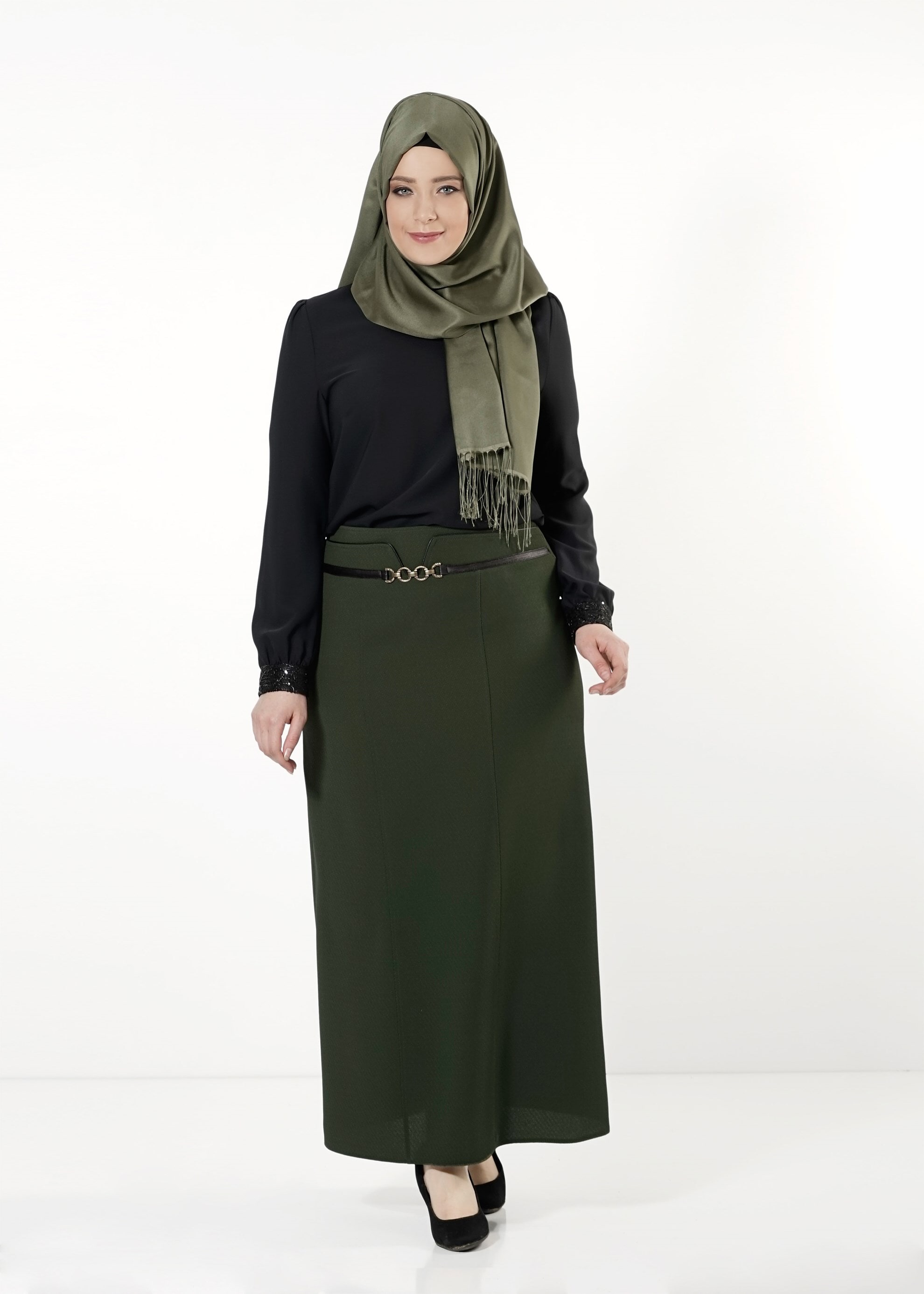 Tesettür giyim HAKİ DÜZ KESİM ETEK 6812 